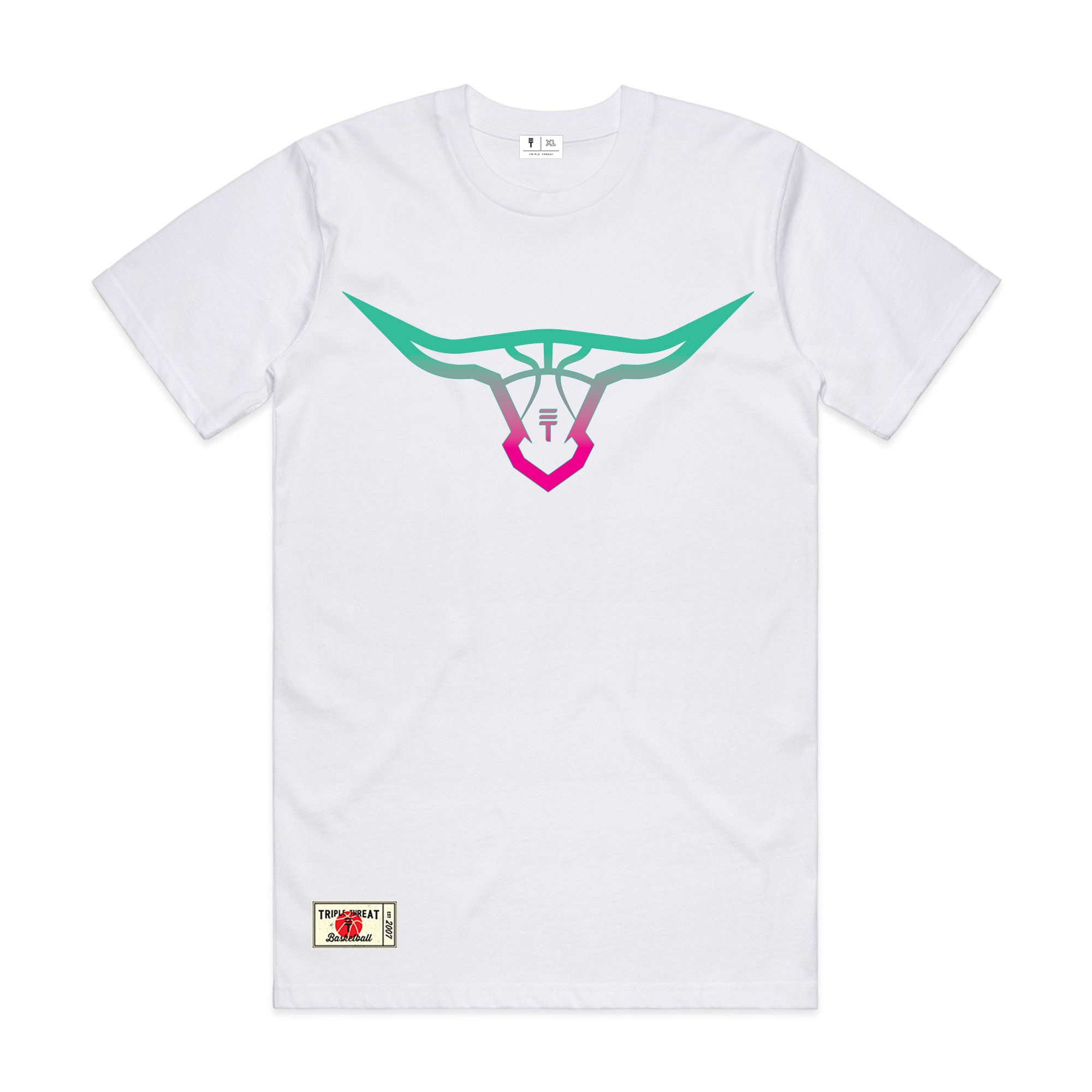 White basketball T-shirt with a design of a buffalo head with teal and pink coloring with a basketball pattern. Featuring a Triple Threat logo