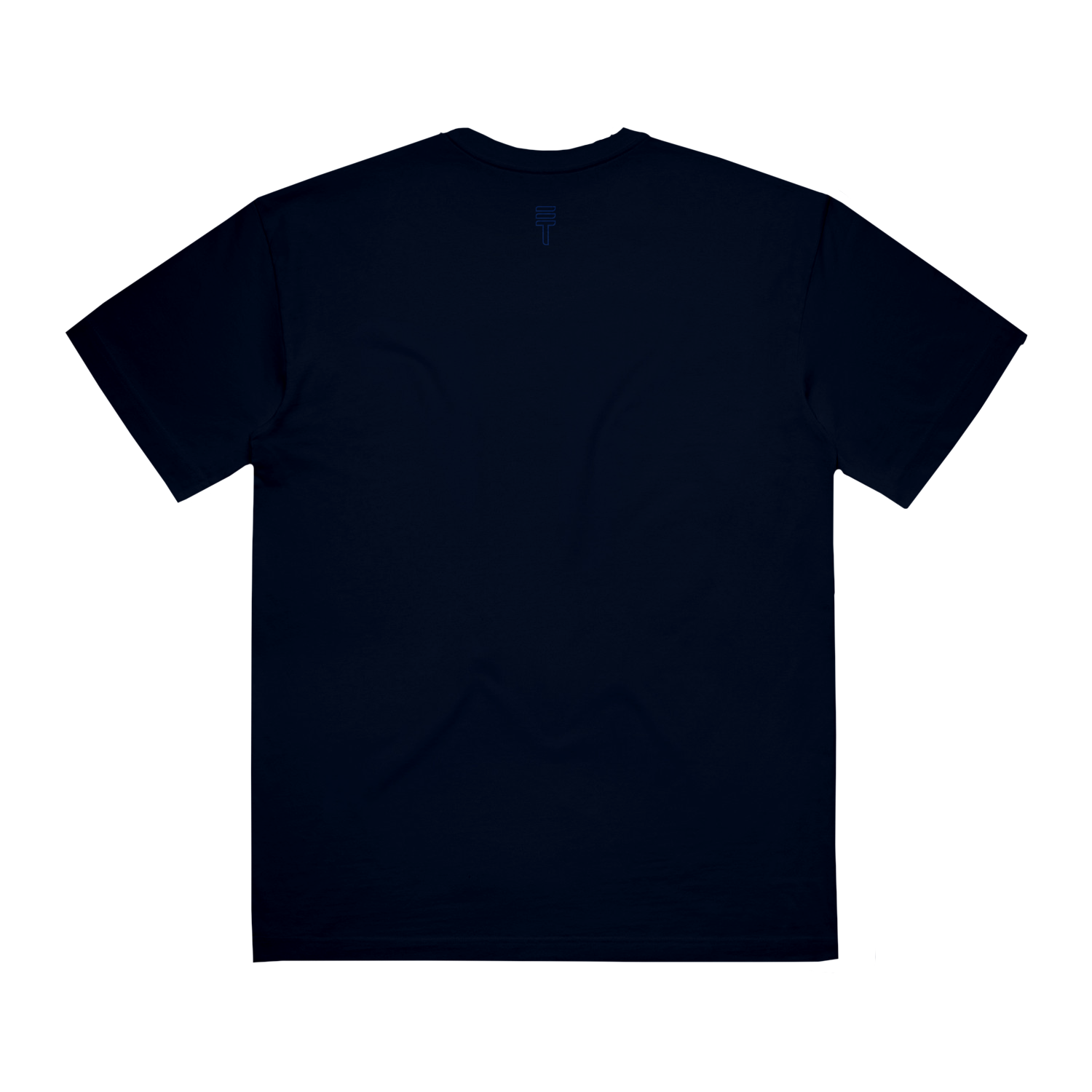 Back view of a dark navy blue t-shirt on a white background.