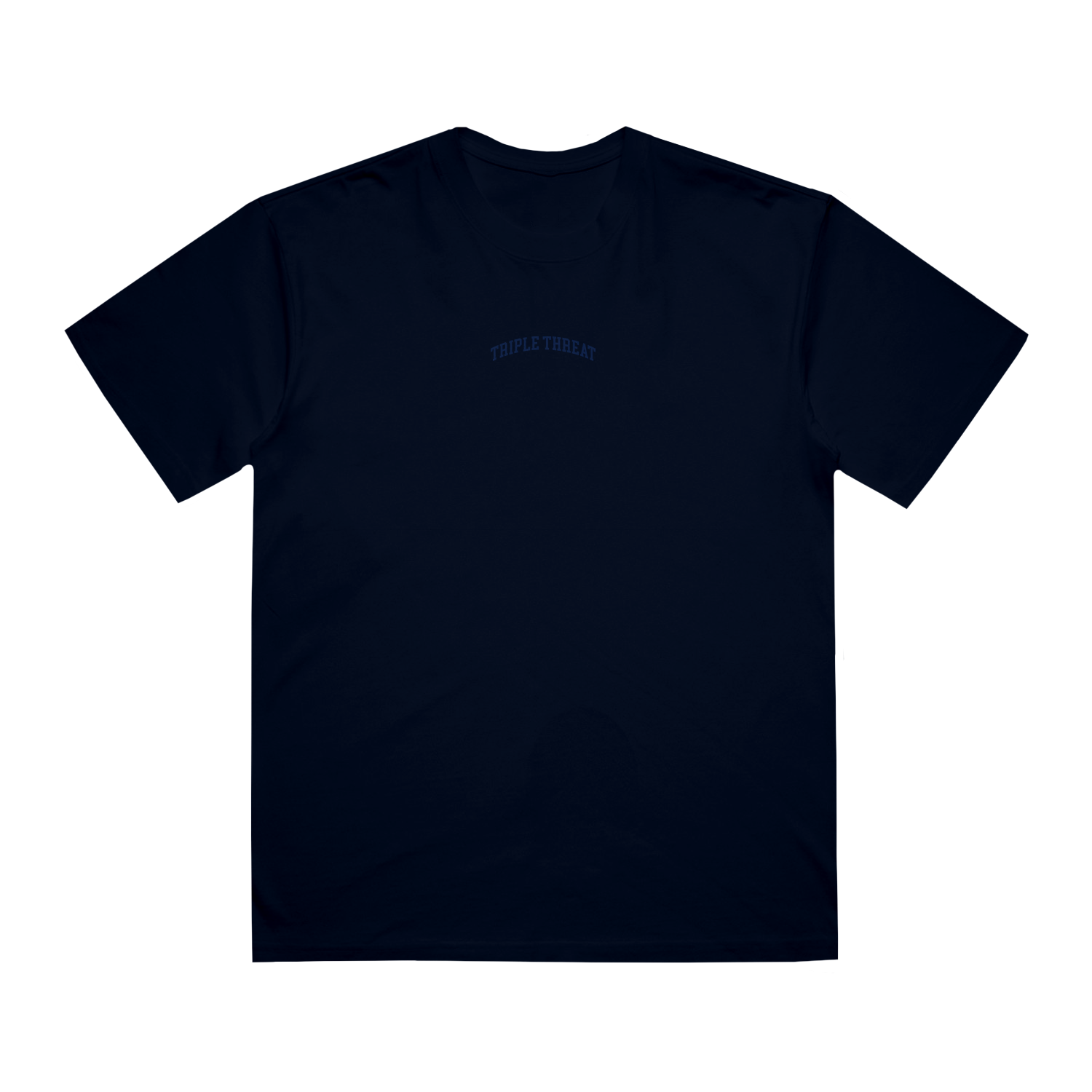 Dark navy blue t-shirt with 'Triple Threat' logo in the centre on a white background.