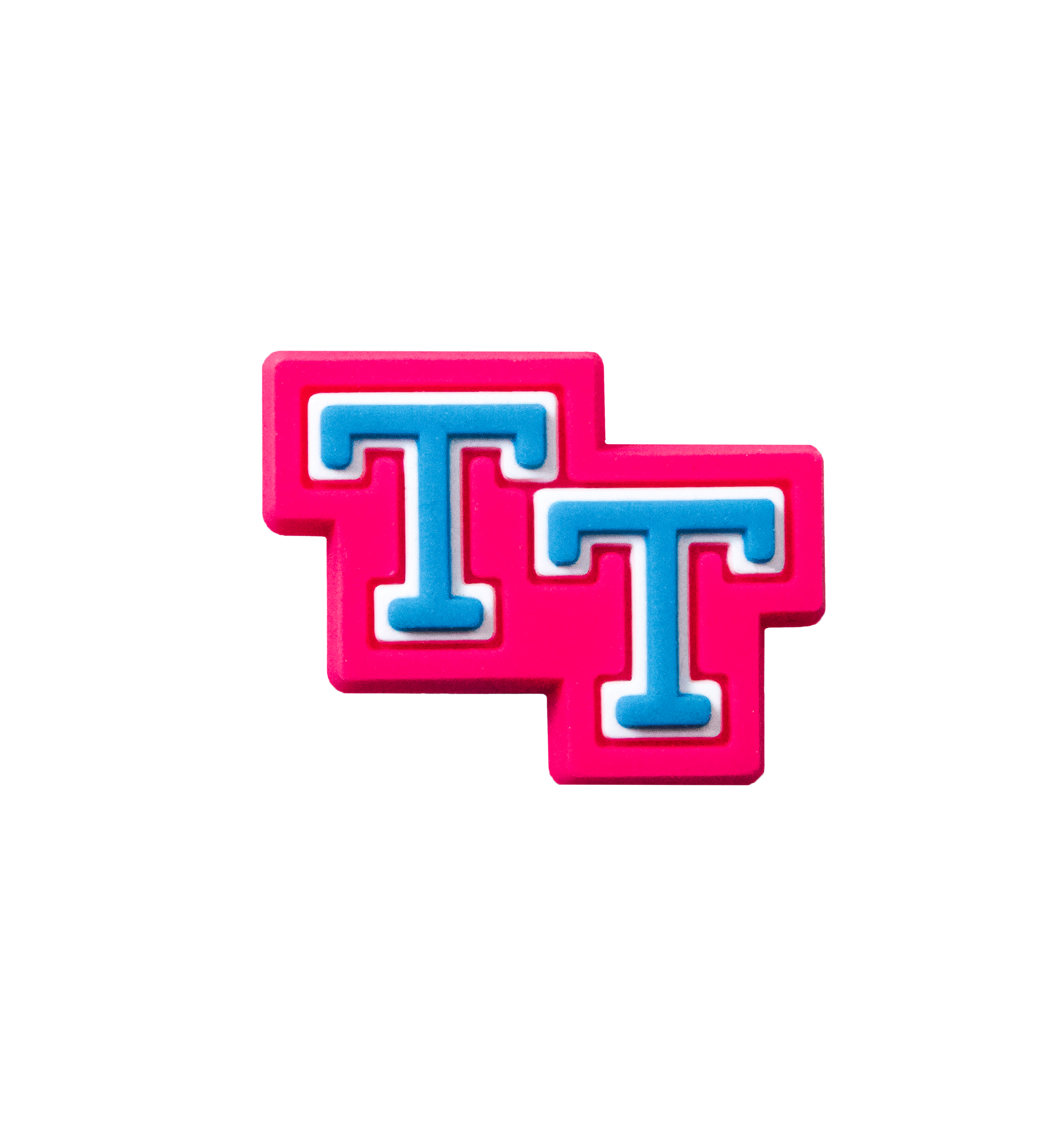 Triple Triple shoe charm of two Ts in blue with pink outline