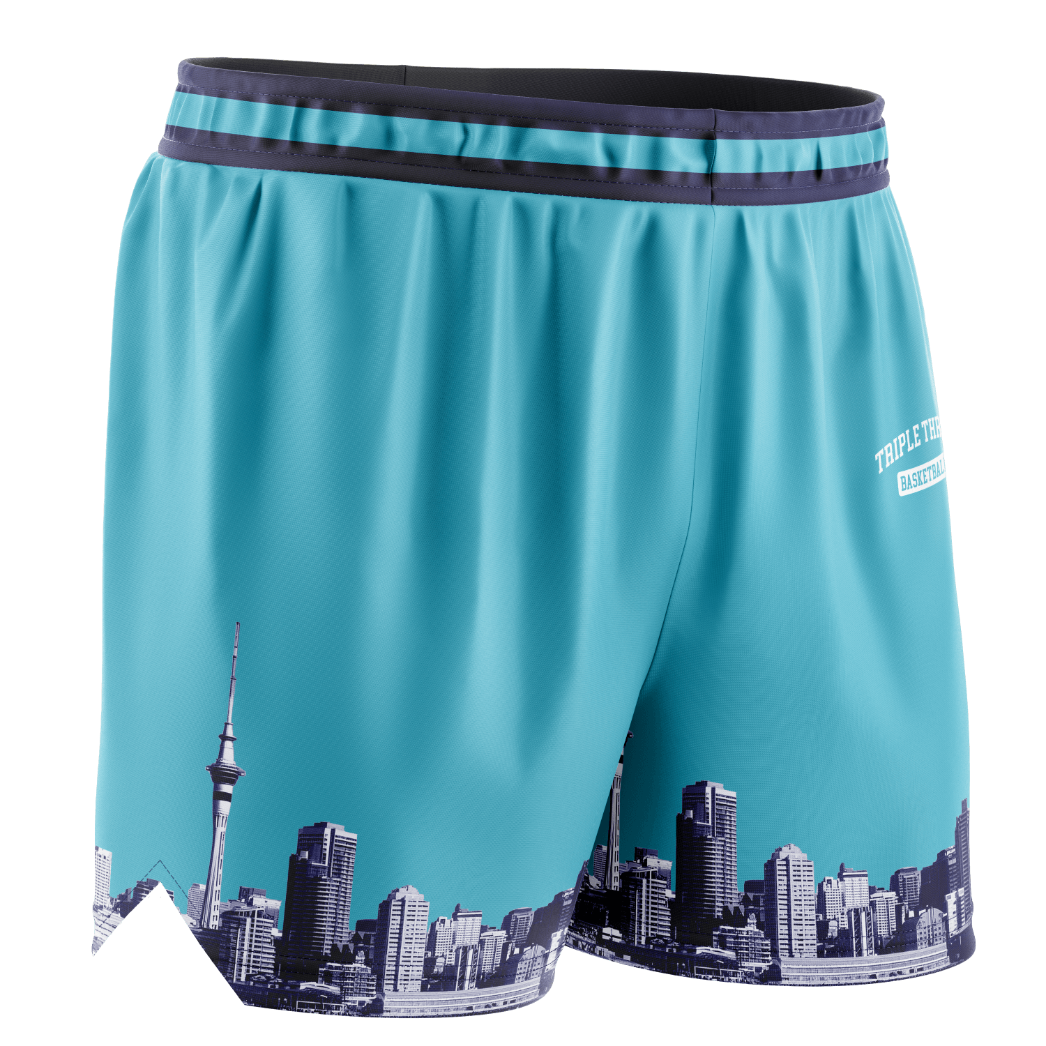 Teal kids shorts with Auckland cityscape design on a white background