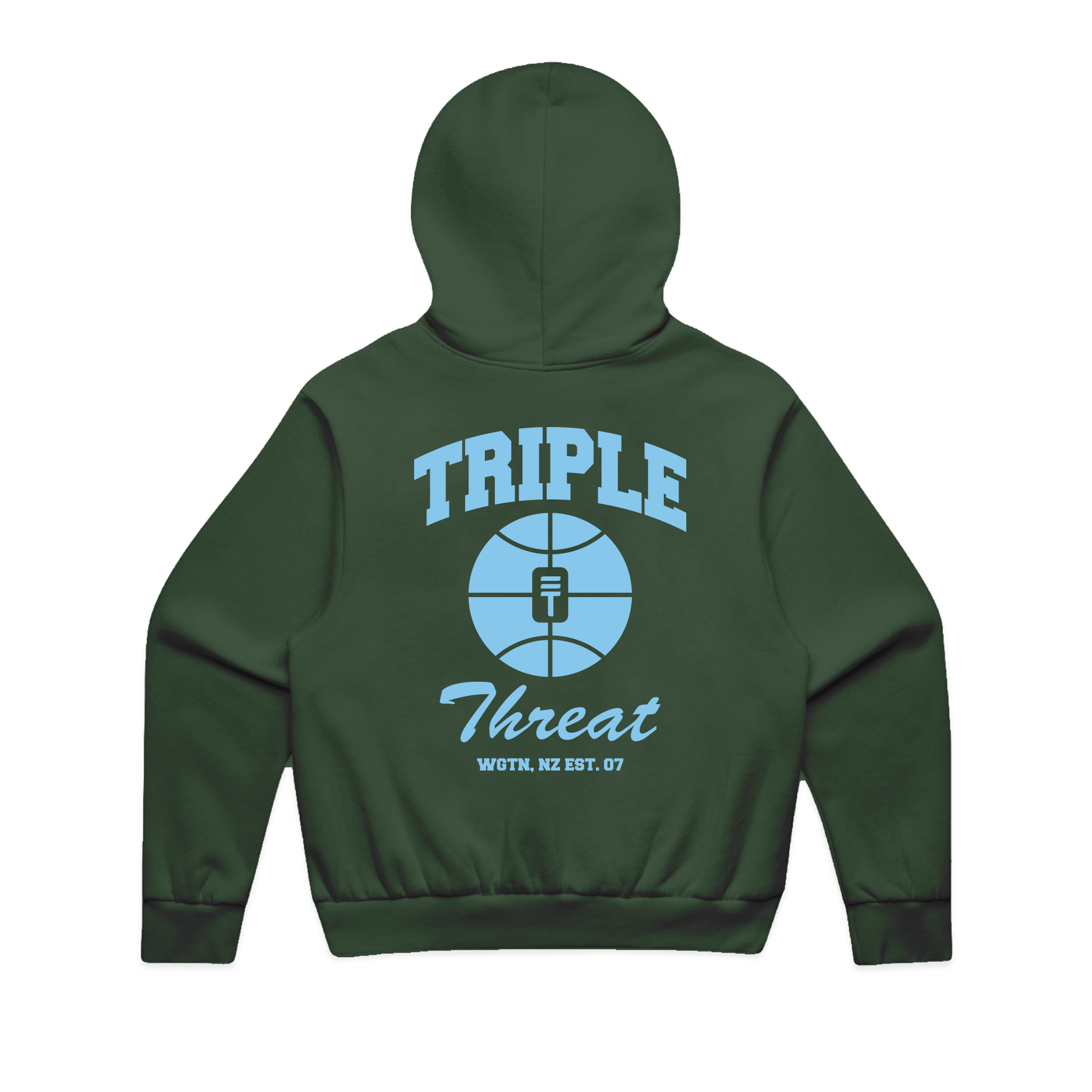 kids green unisex hoodie with 'Triple Threat' logo on the back