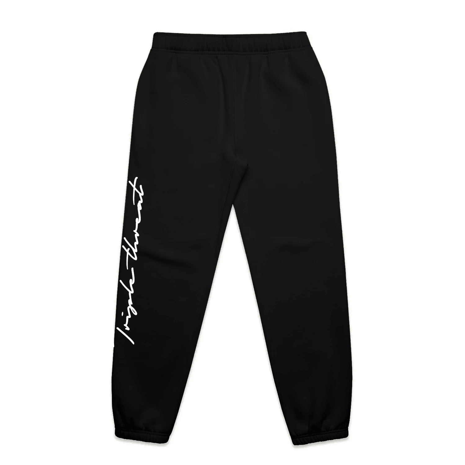 Kids black track pants with white triple threat script logo on a white background