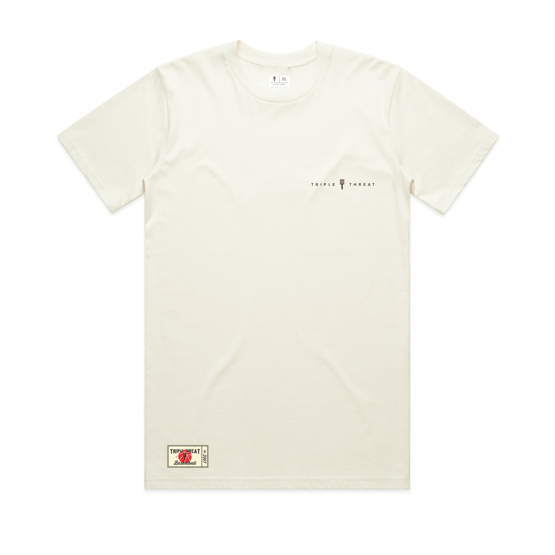 Cream t-shirt with a small Triple Threat logo on a white background