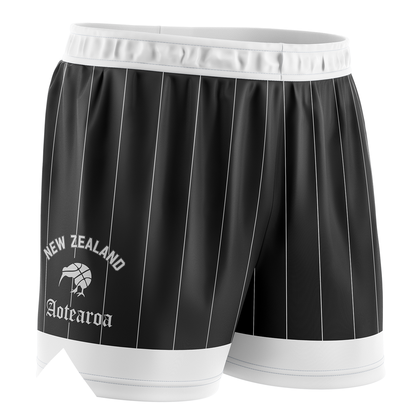 Black basketball shorts with white pinstripes and 'New Zealand Aotearoa' text on a white background