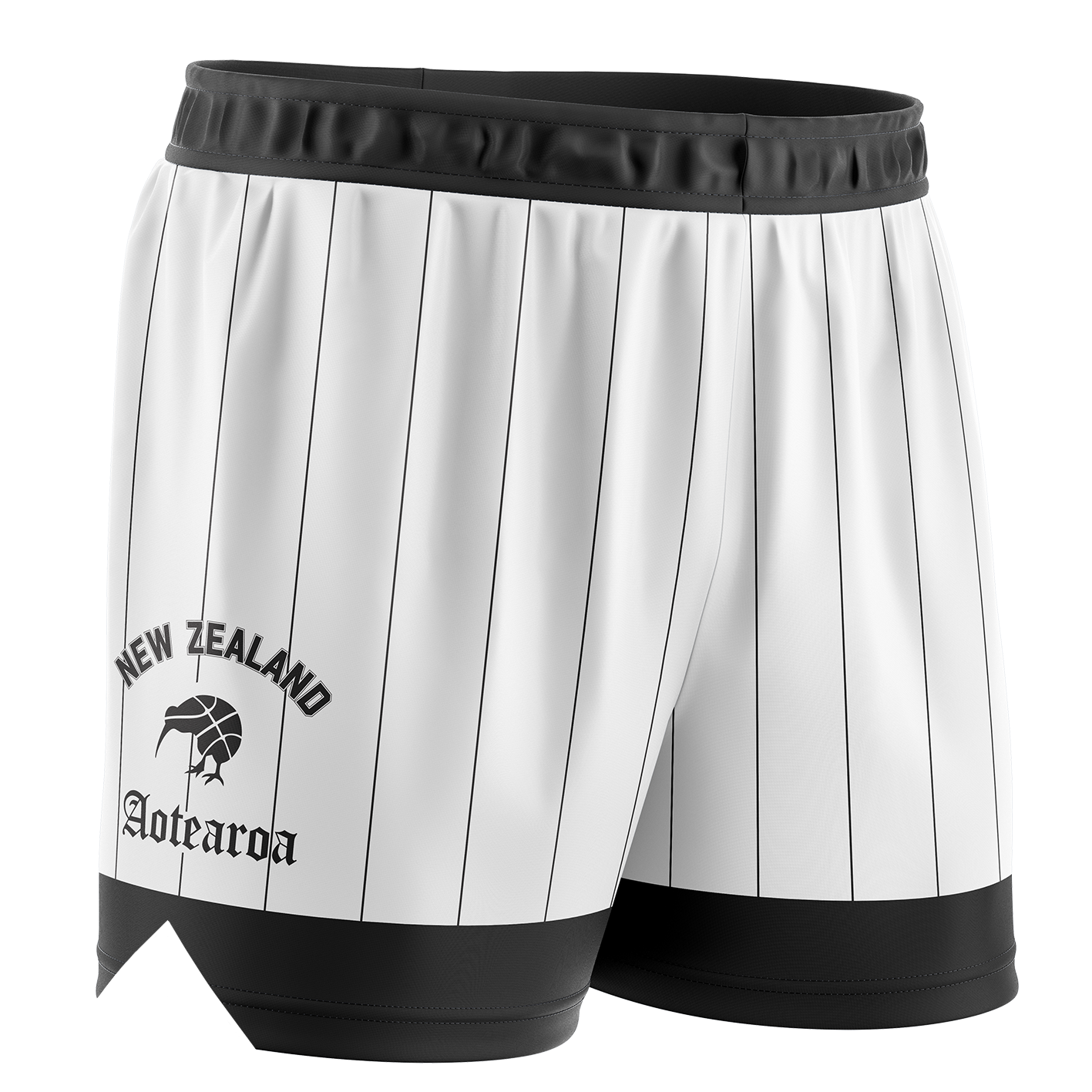 White shorts with black stripes and New Zealand Aotearoa kiwi logo on a white background