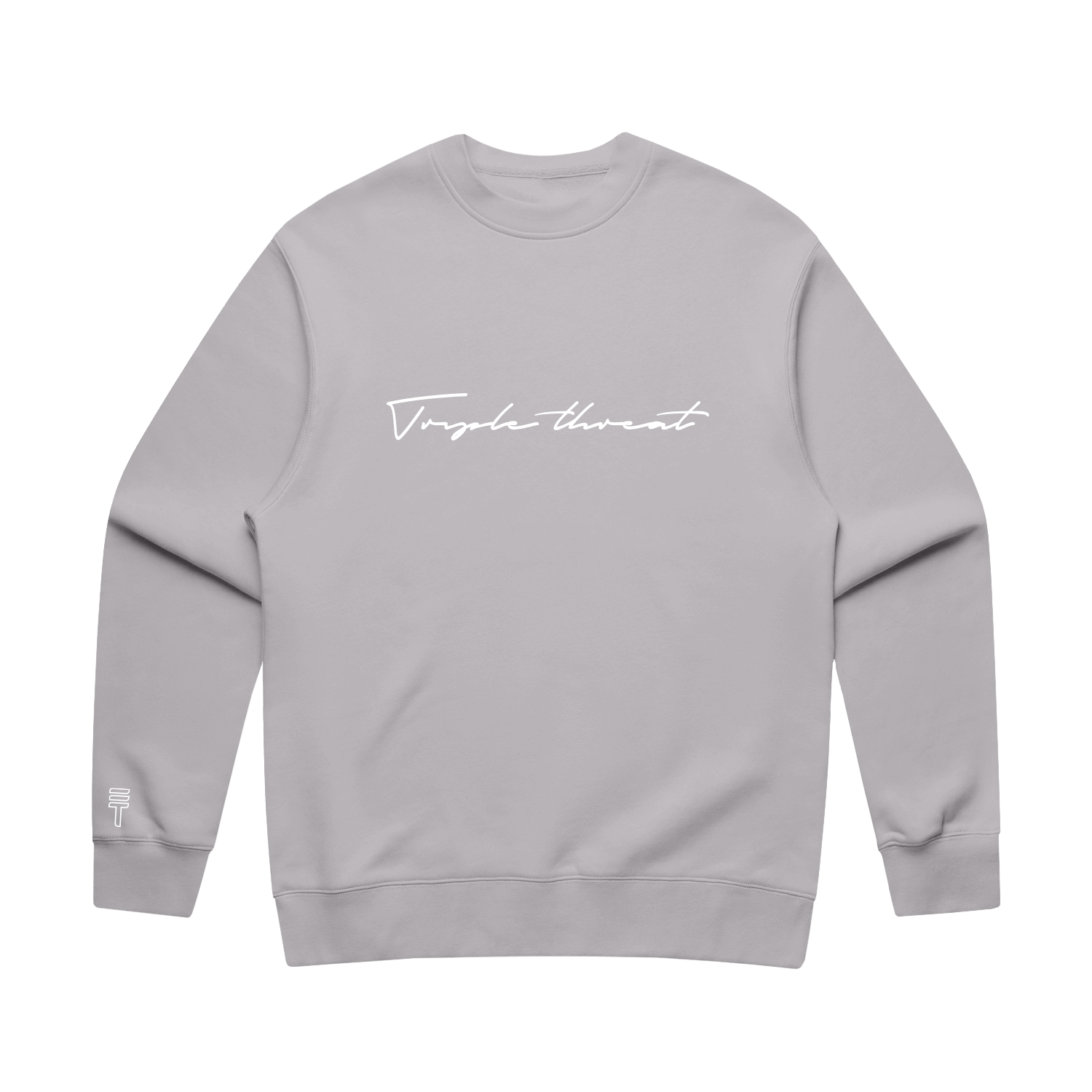 Kids light grey sweatshirt with white embroidered Triple Threat script logo on the front