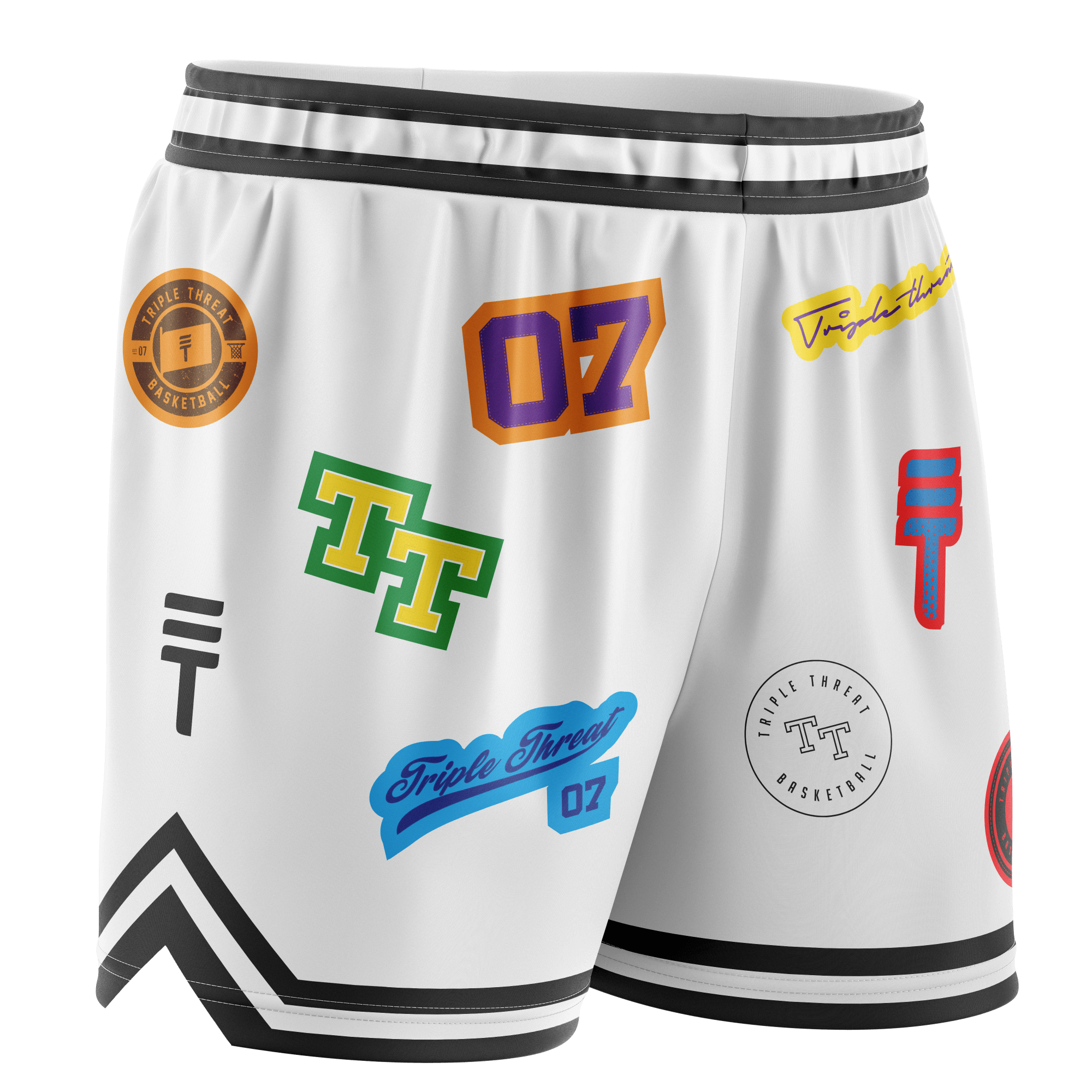 Kids white basketball shorts with black trim on waist and hem with numerous colourful Triple Threat branding.