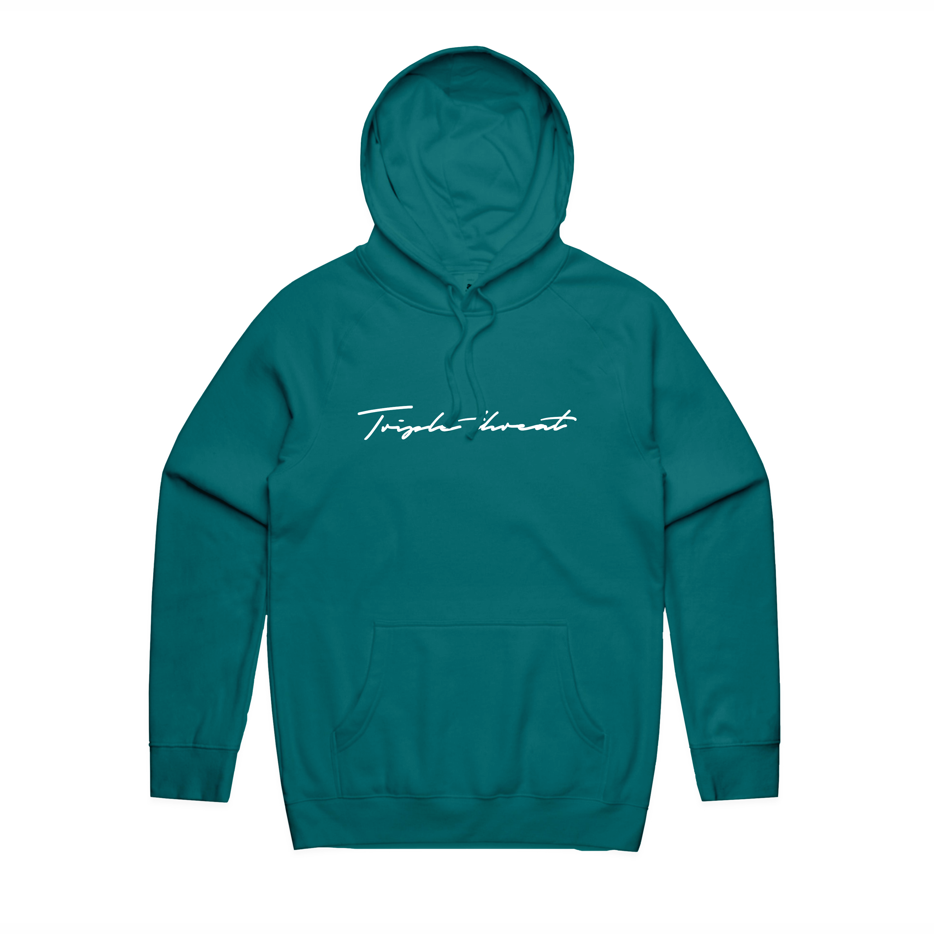 A midnight green hoodie with white embroidered Triple Threat Script logo text on the front, presented on a plain white background.