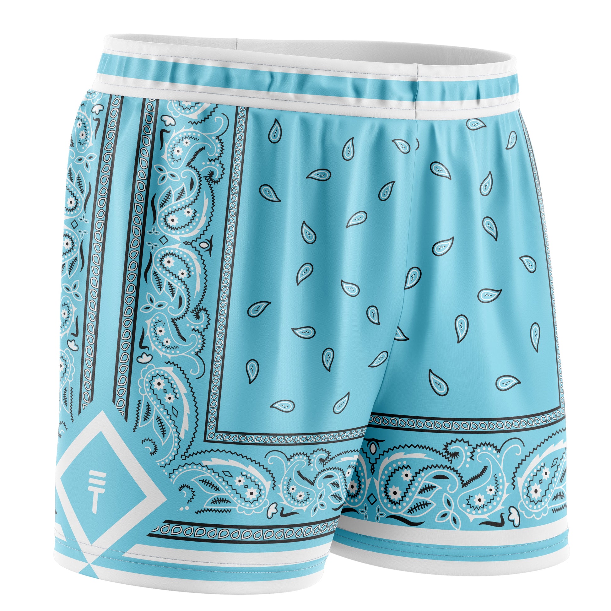 kids blue paisley basketball shorts with detail in white and black featuring the Triple Threat logo