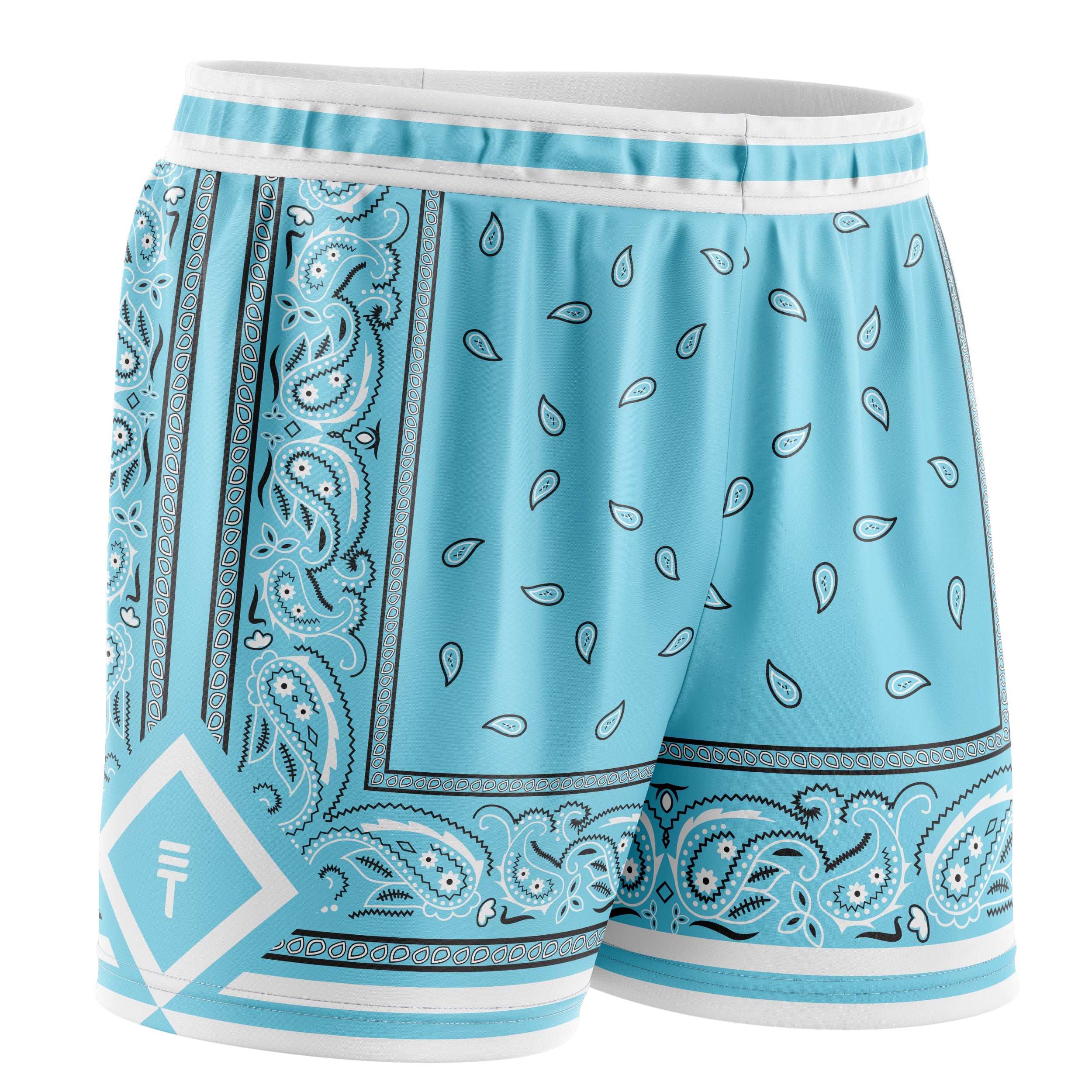 kids blue paisley basketball shorts with detail in white and black featuring the Triple Threat logo