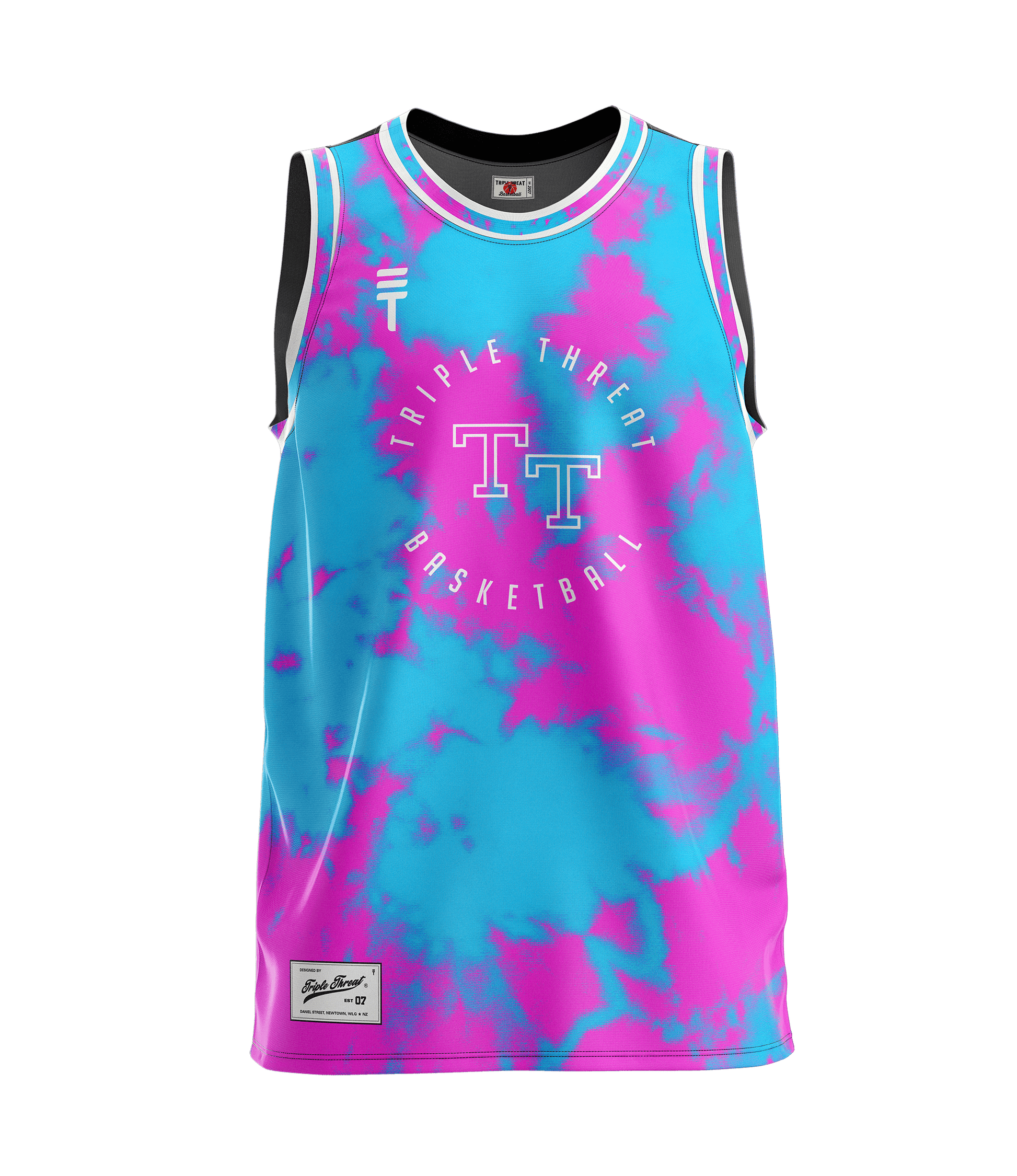 A kids tie-dye basketball singlet in blue and pink by Triple Threat