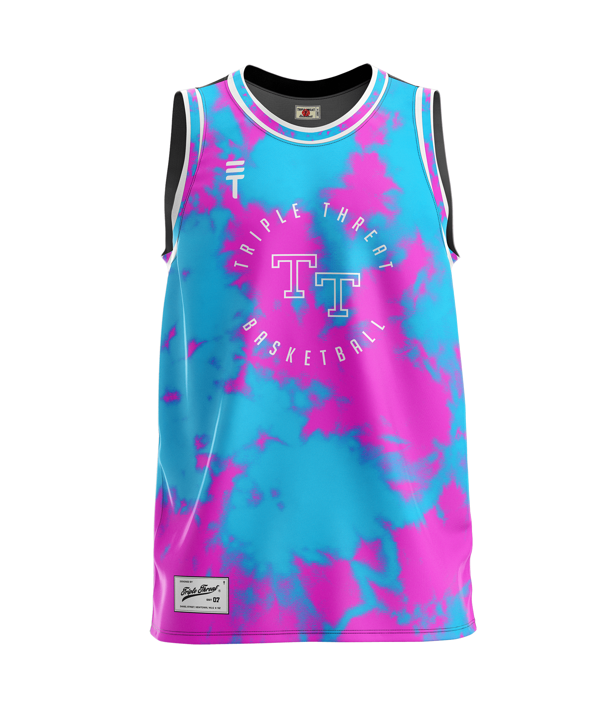 A kids tie-dye basketball singlet in blue and pink by Triple Threat