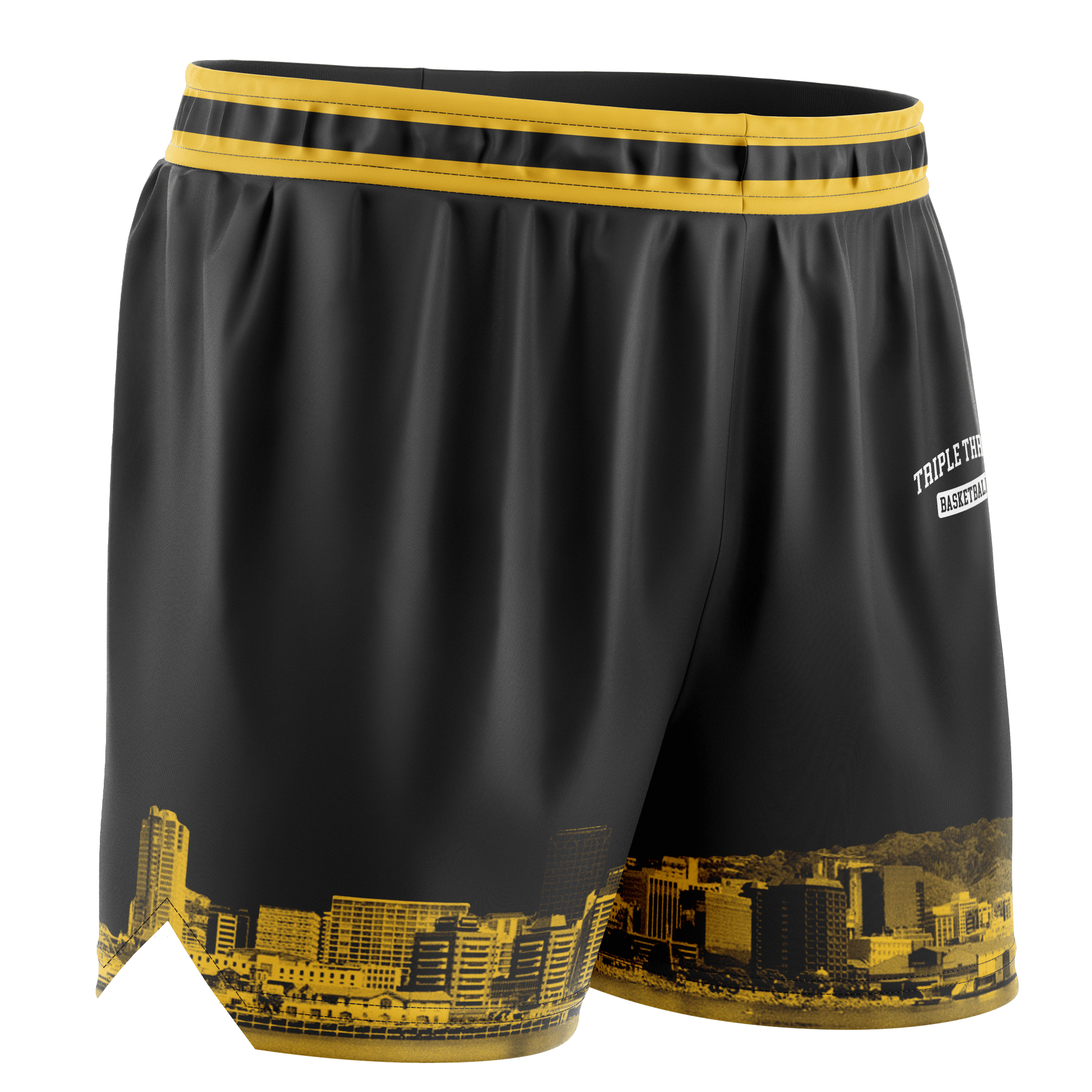Black kids shorts with yellow accents and Wellington cityscape design on a white background.