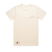 Cream T-shirt with "Triple Threat" in brown text with the Triple Threat logo featuring a Triple Threat branding patch at the bottom