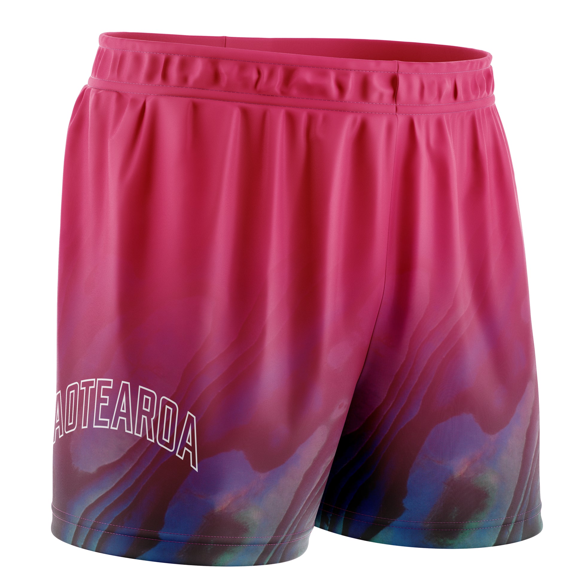 kids pink basketball shorts with Paua design at bottom with "Aotearoa' in white text