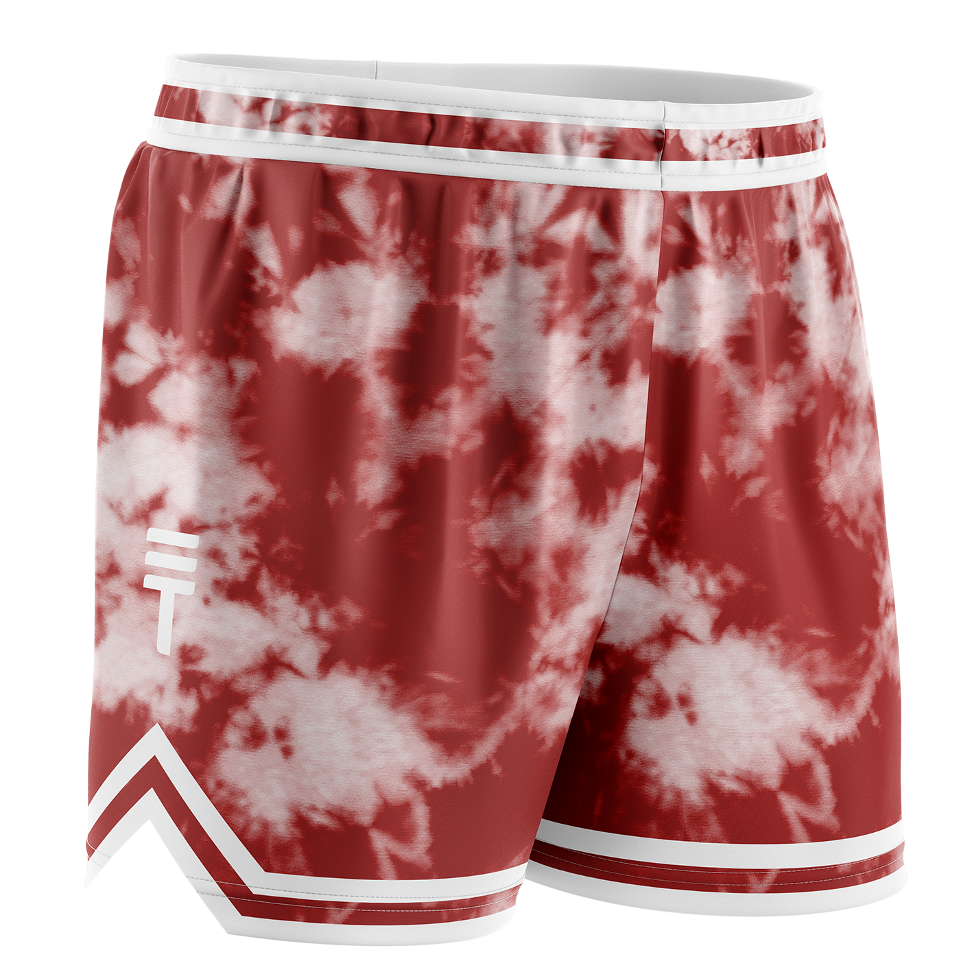 kids maroon and white tie dye basketball shorts with white trim and the Triple Threat logo on the leg.