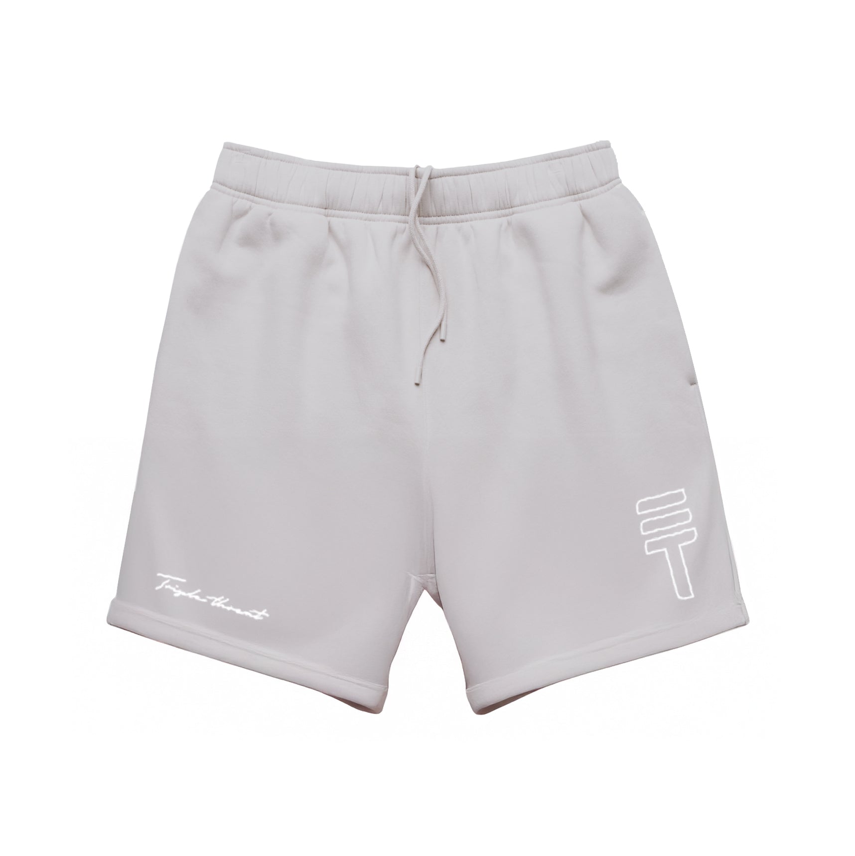 Light grey fleece shorts with white Triple Threat branding on a white background