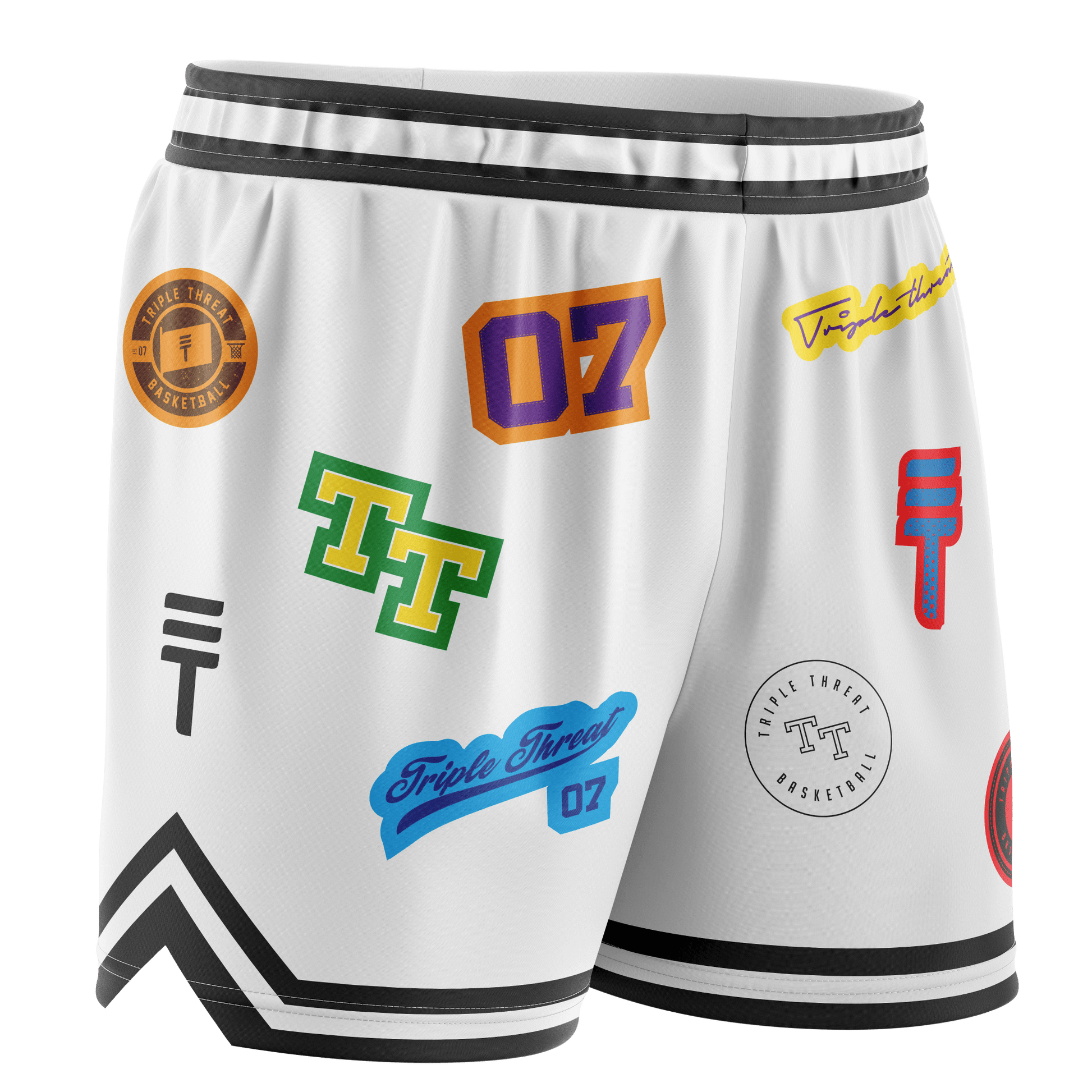 White basketball shorts featuring various colourful logos and designs, with an elastic waistband, black trim, and the Triple Threat logo.