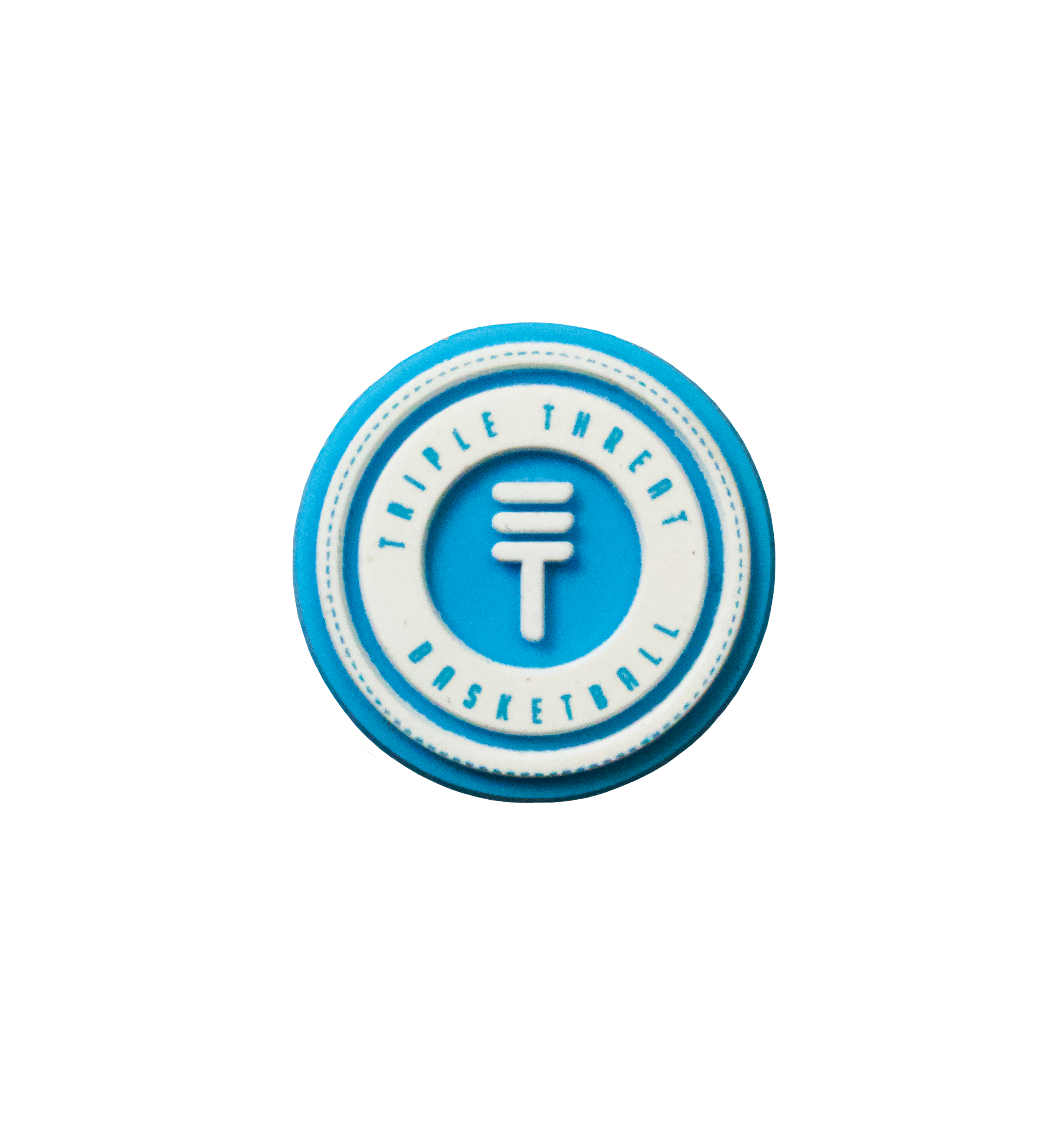 Triple Threat Shoe Charm in blue and white with the text 'Triple Threat Basketball' and the Triple Threat logo