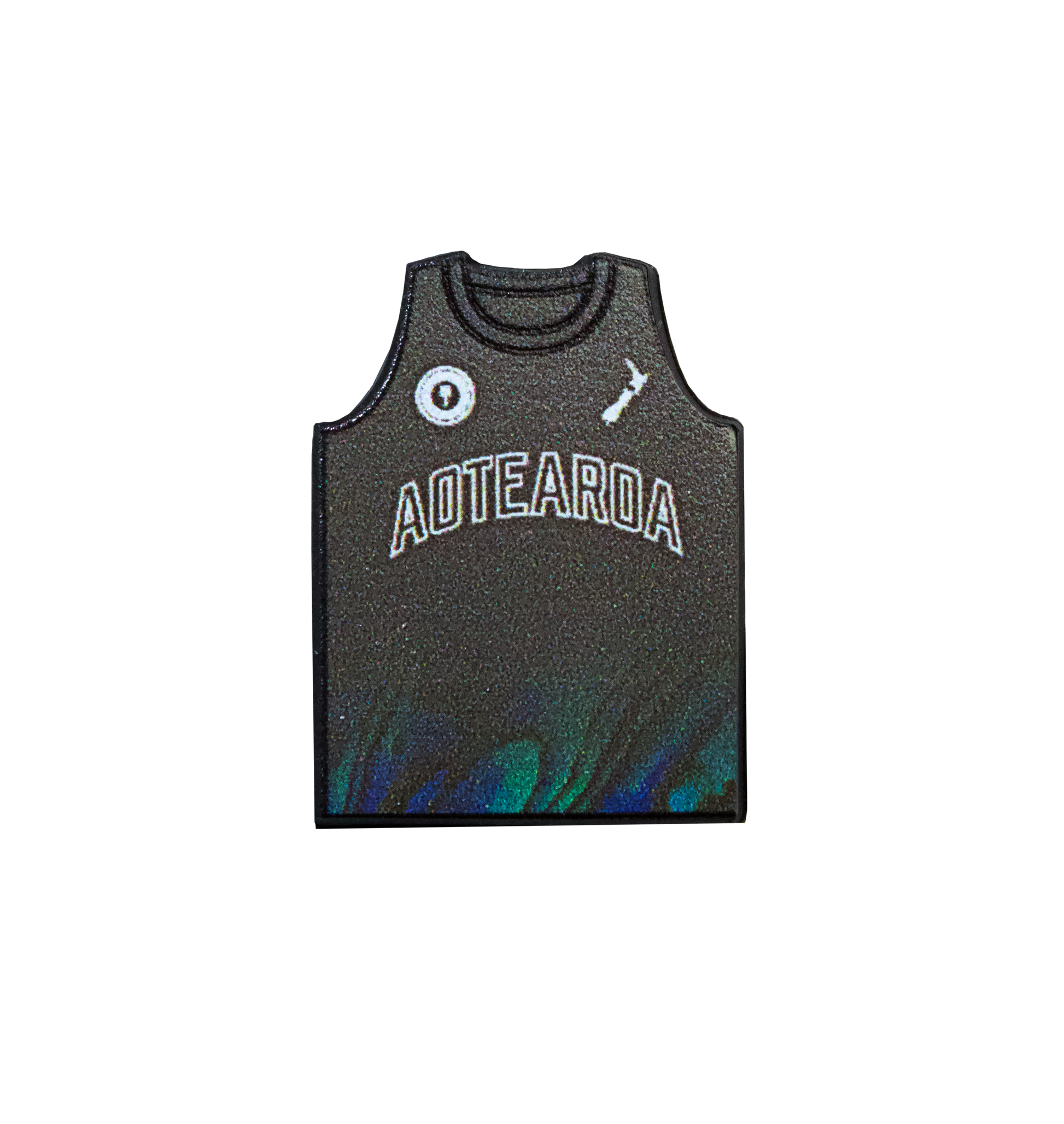 Triple Threat shoe charm featuring a black and paua singlet with 'Aotearoa' text