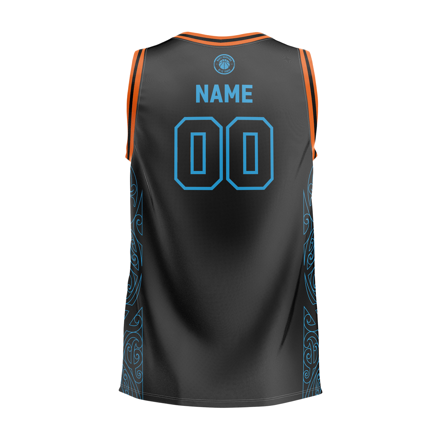 Customisable black raukawa basketball jersey shown from the back
