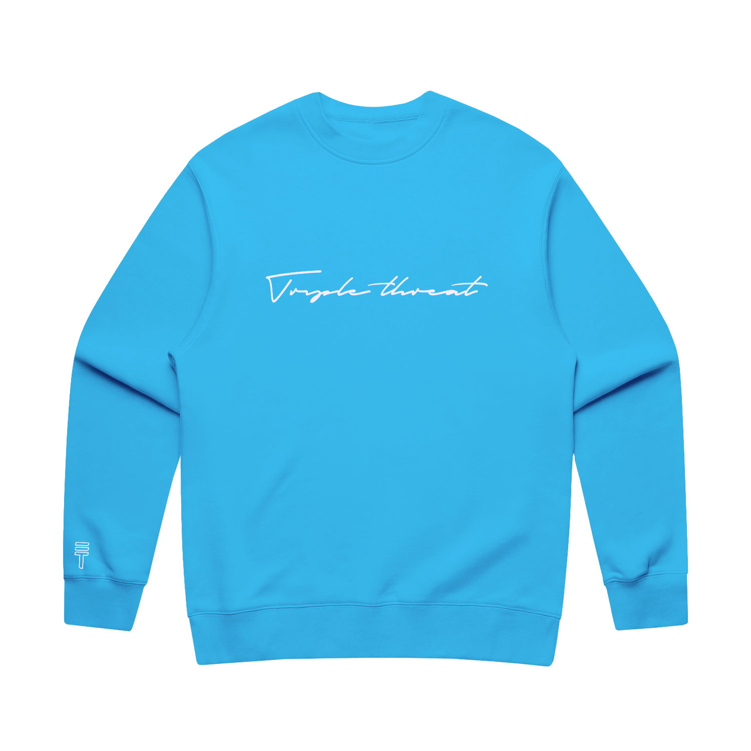 Sky blue sweatshirt with white embroidered Triple Threat script logo on a white background.