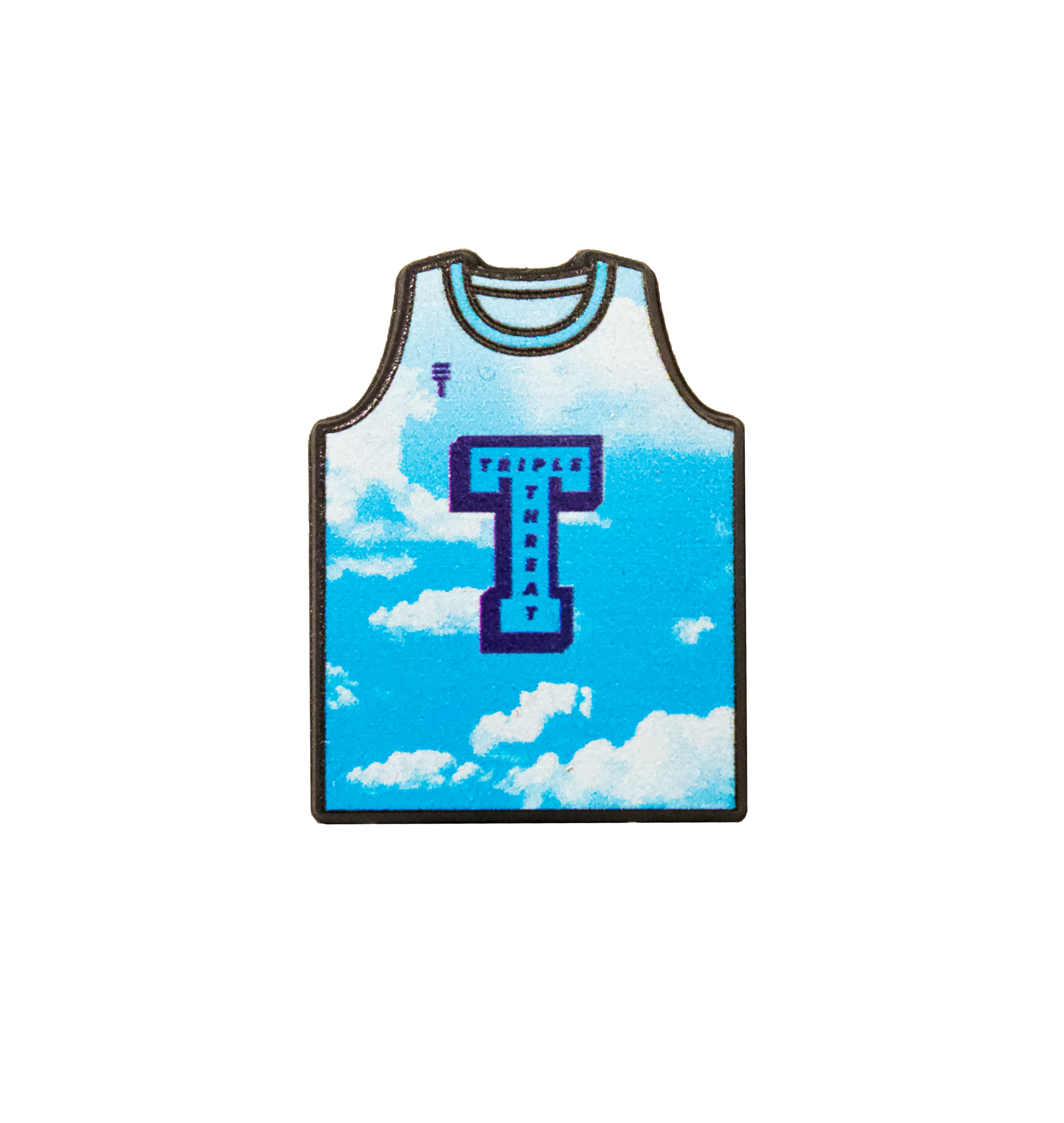Sky Singlet Shoe Charm in blue with a 'Triple Threat' logo and cloud pattern