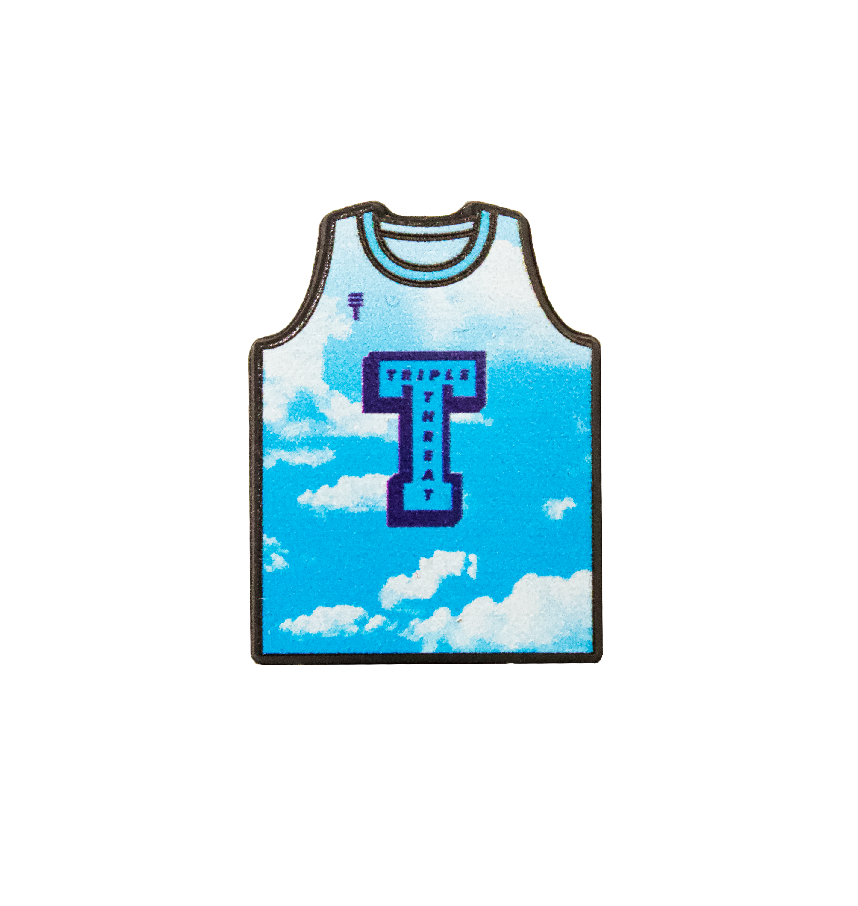 Sky Singlet Shoe Charm in blue with a 'Triple Threat' logo and cloud pattern