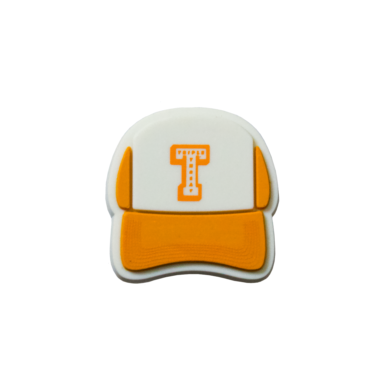Orange Trucker hat Shoe Charm with a white front featuring a T Triple Threat logo