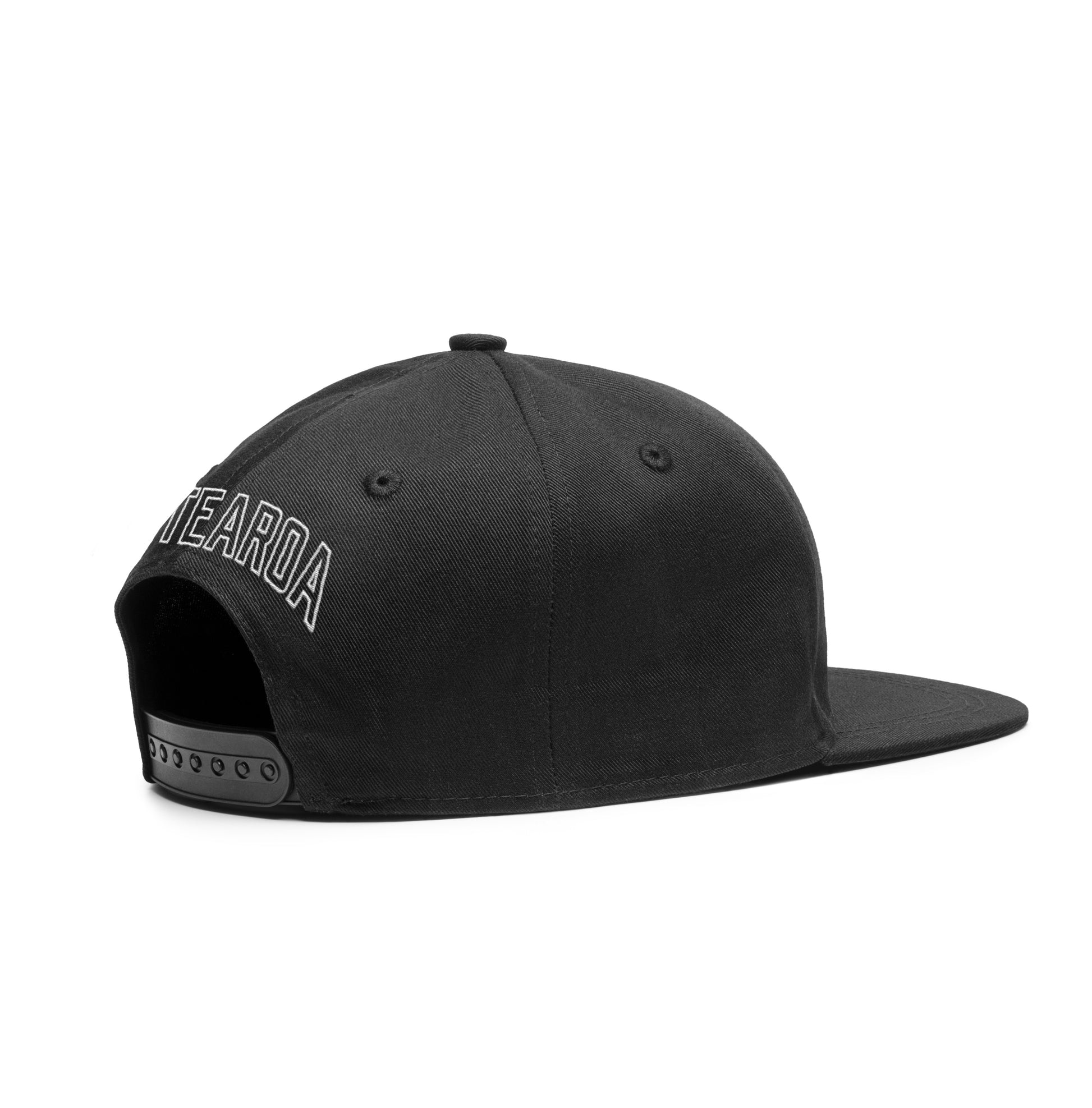 Back side of the black Triple Threat snapback with white text 'Aotearoa' above the adjustable strap