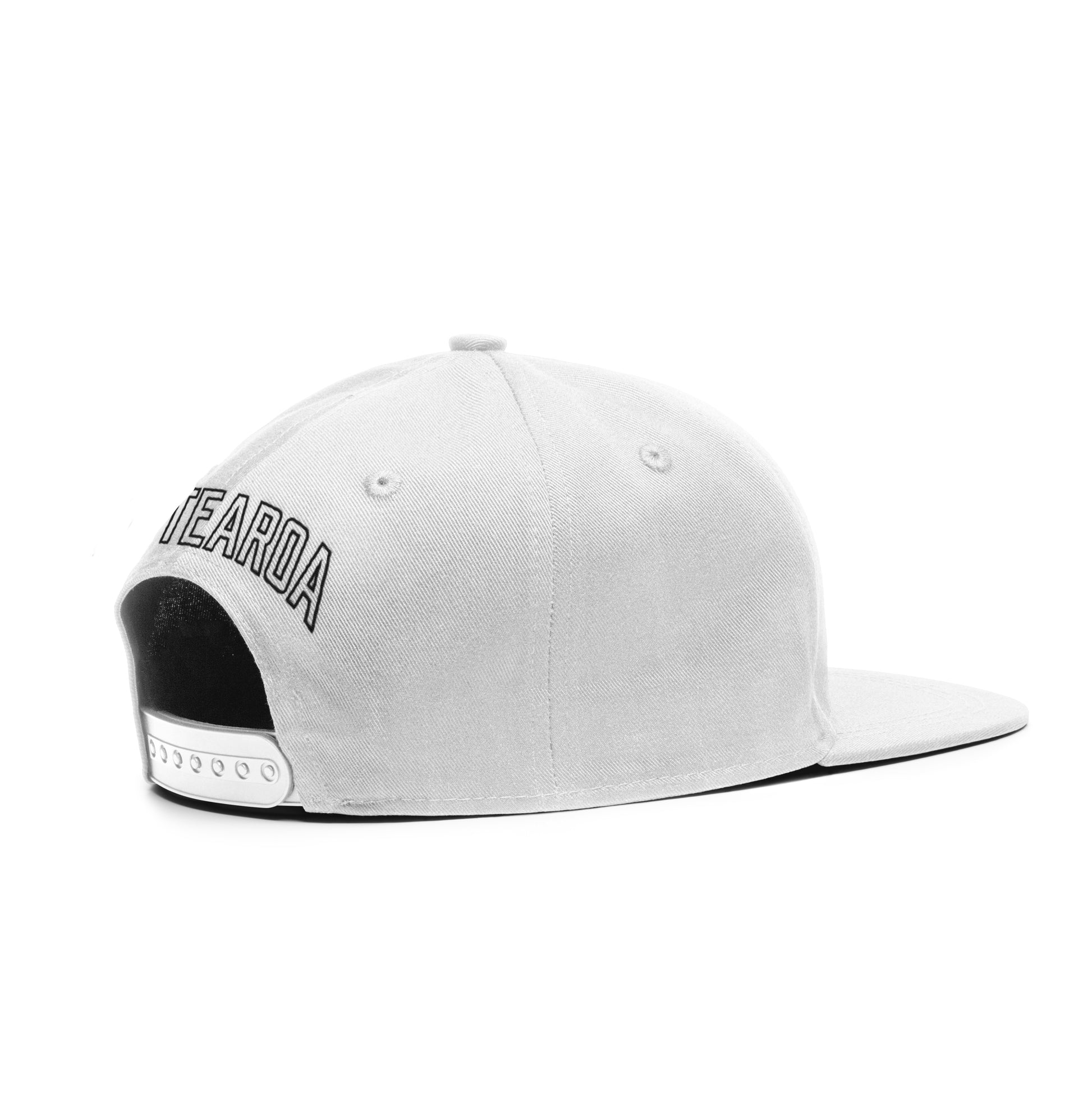 Back side of the Triple Threat white snapback with 'Aotearoa' text 