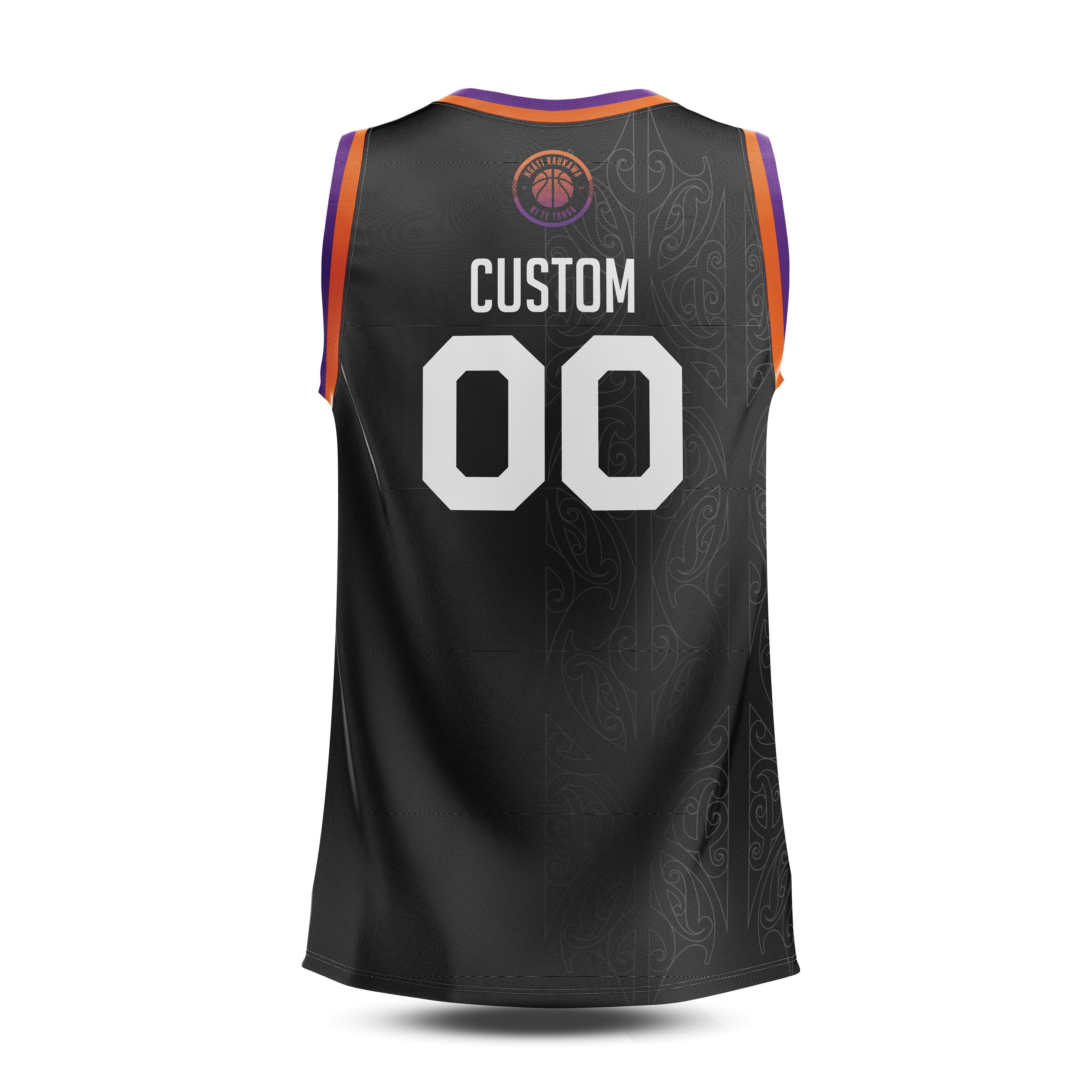 back view of black reversable side of the Raukawa singlet with the custom name an number in center 