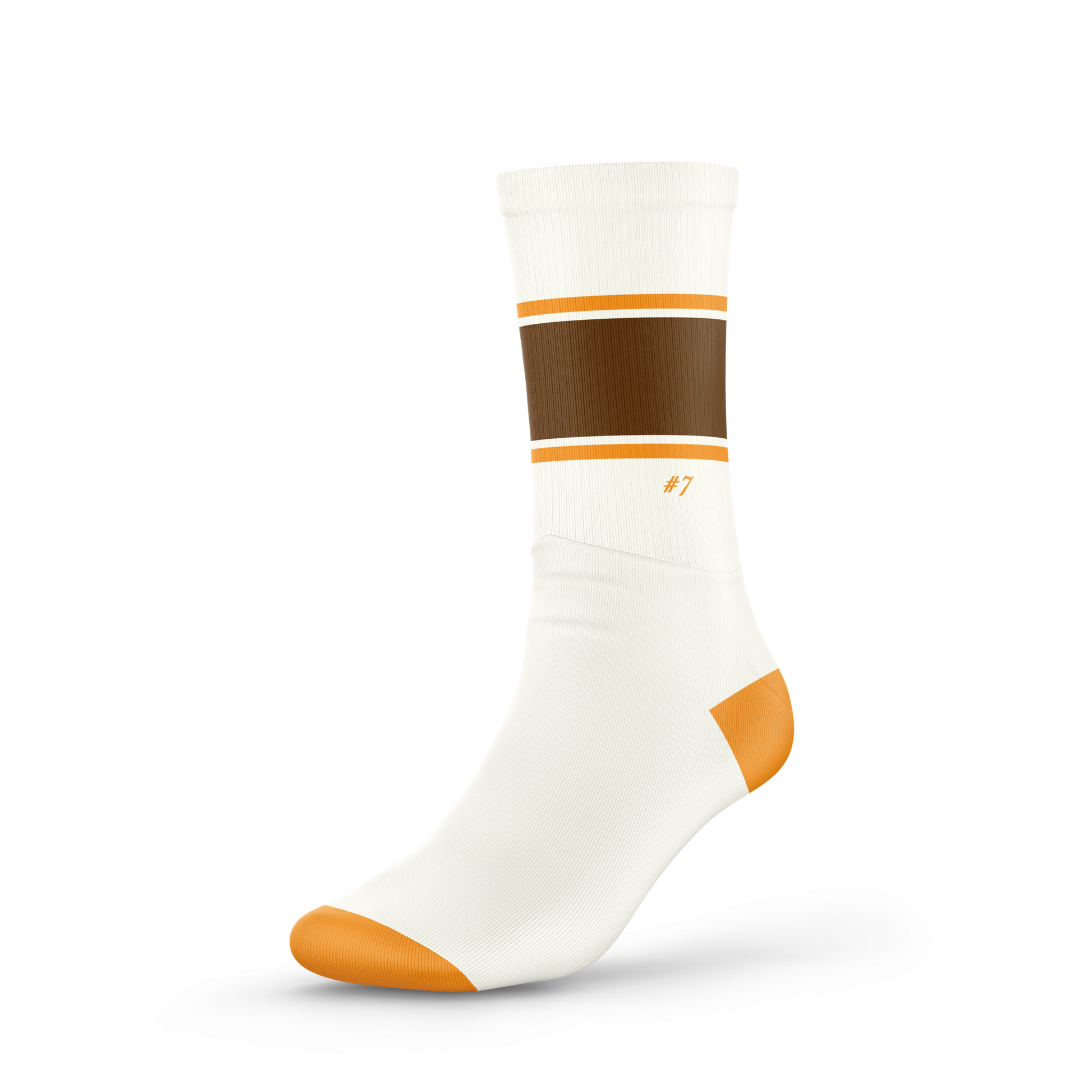 Cream basketball sock with large brown stripe and small orange stripe with an orange toe and heel and a small '#7' detail 