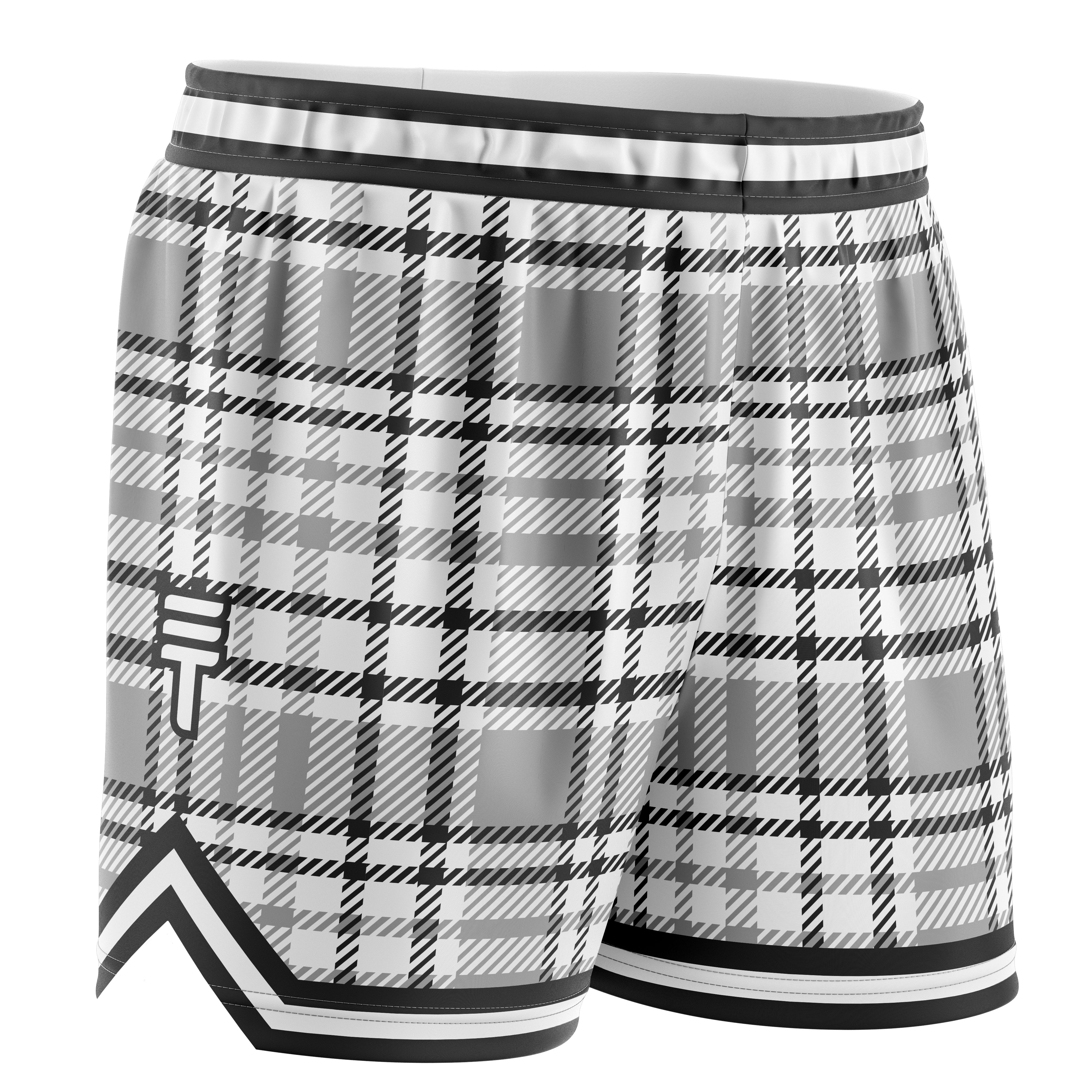 Kids basketball shorts in black, white and grey with the Triple Threat logo featuring a white and black trim on the hem and elastic waistband