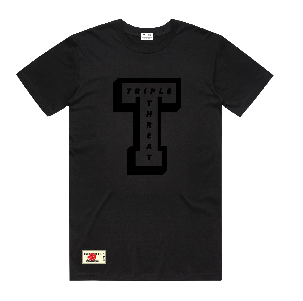 Dark grey t-shirt with a big block T with the text "Triple Threat" inside in black 