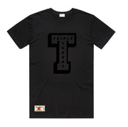 Dark grey t-shirt with a big block T with the text "Triple Threat" inside in black 