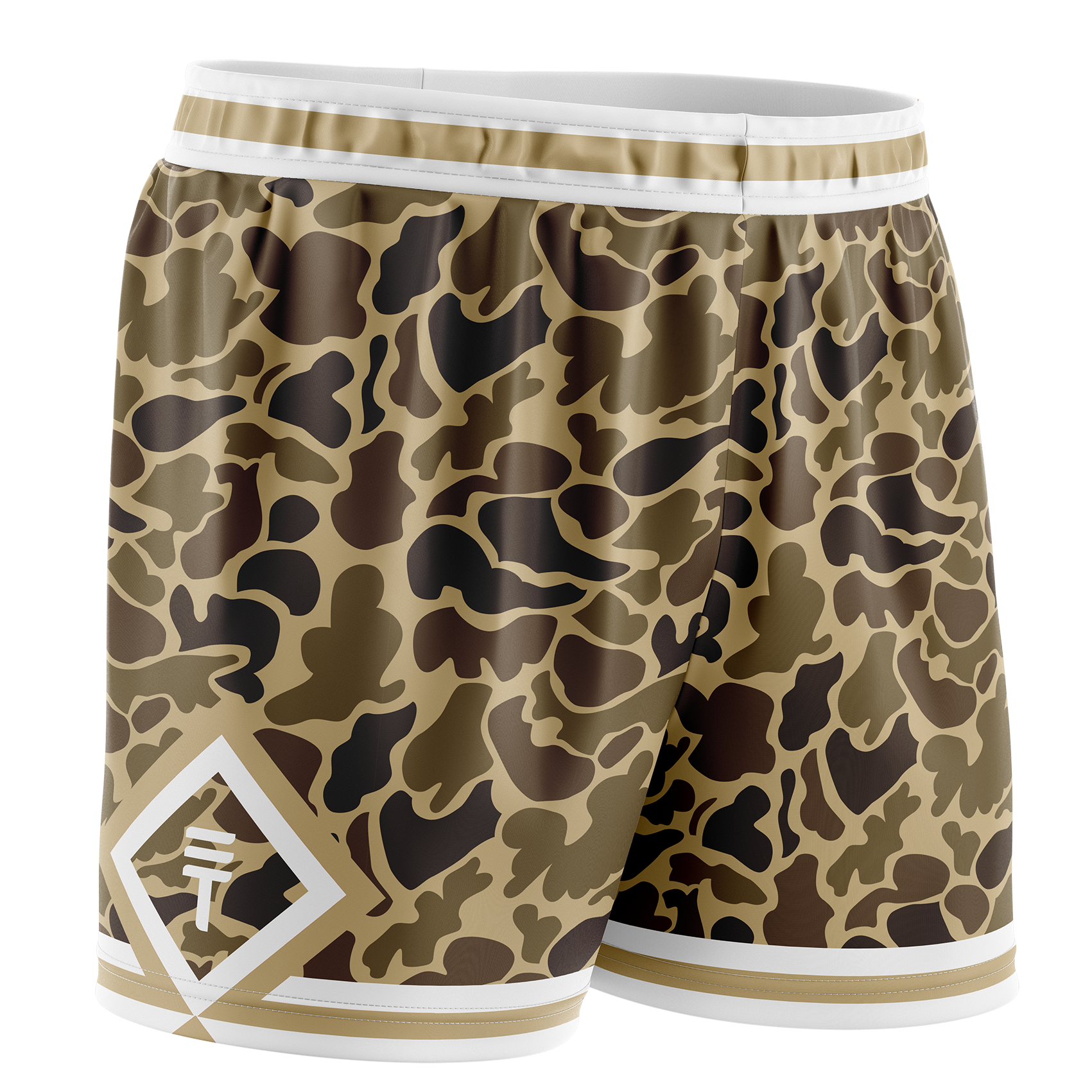 Olive, green and brown camo basketball shorts with white trim around waist and leg holes with a triangle with a Triple Threat logo in the center 