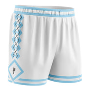 White basketball shorts with light blue diamond pattern, elastic waistband, side pockets, and the Triple Threat logo