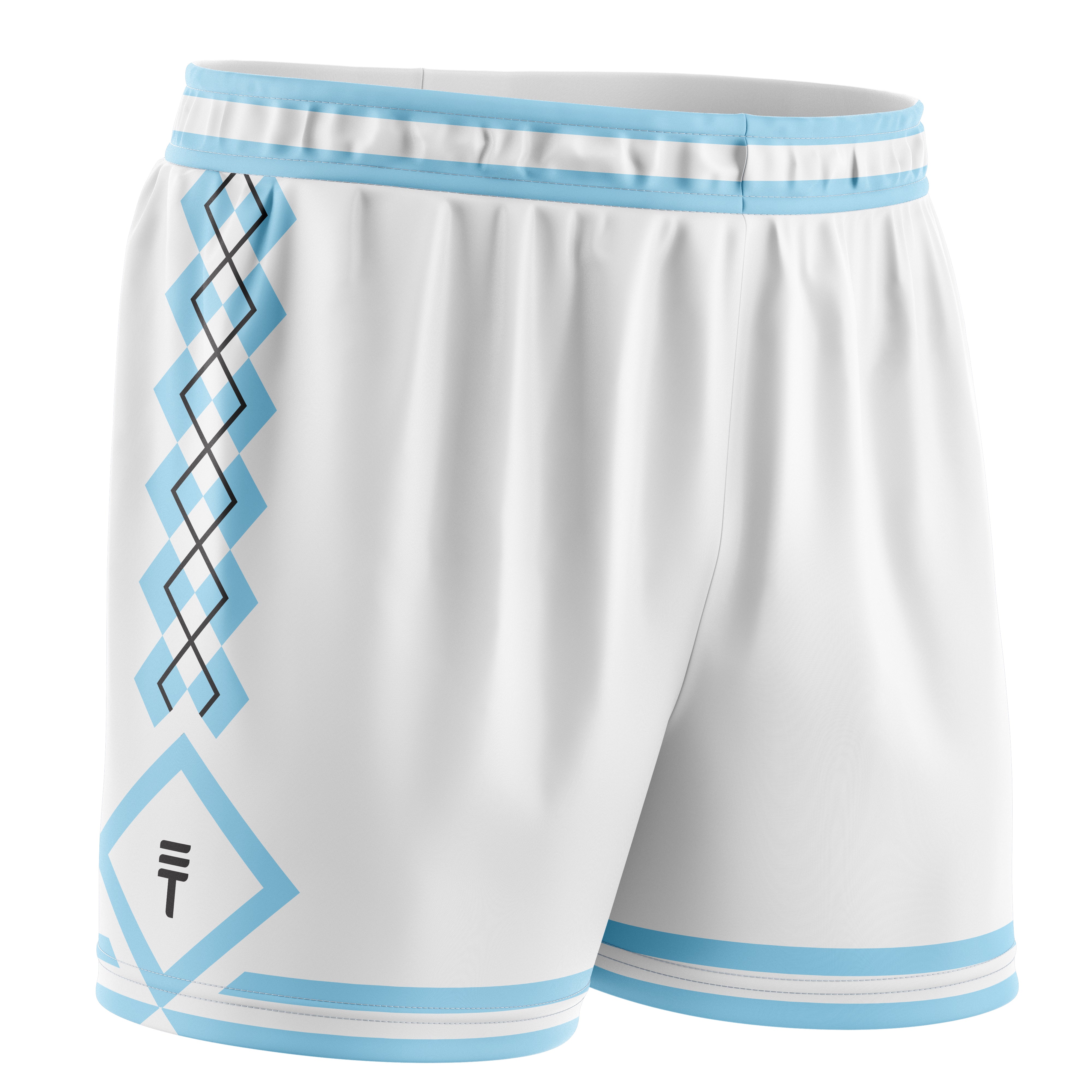 White basketball shorts with light blue diamond pattern, elastic waistband, side pockets, and the Triple Threat logo