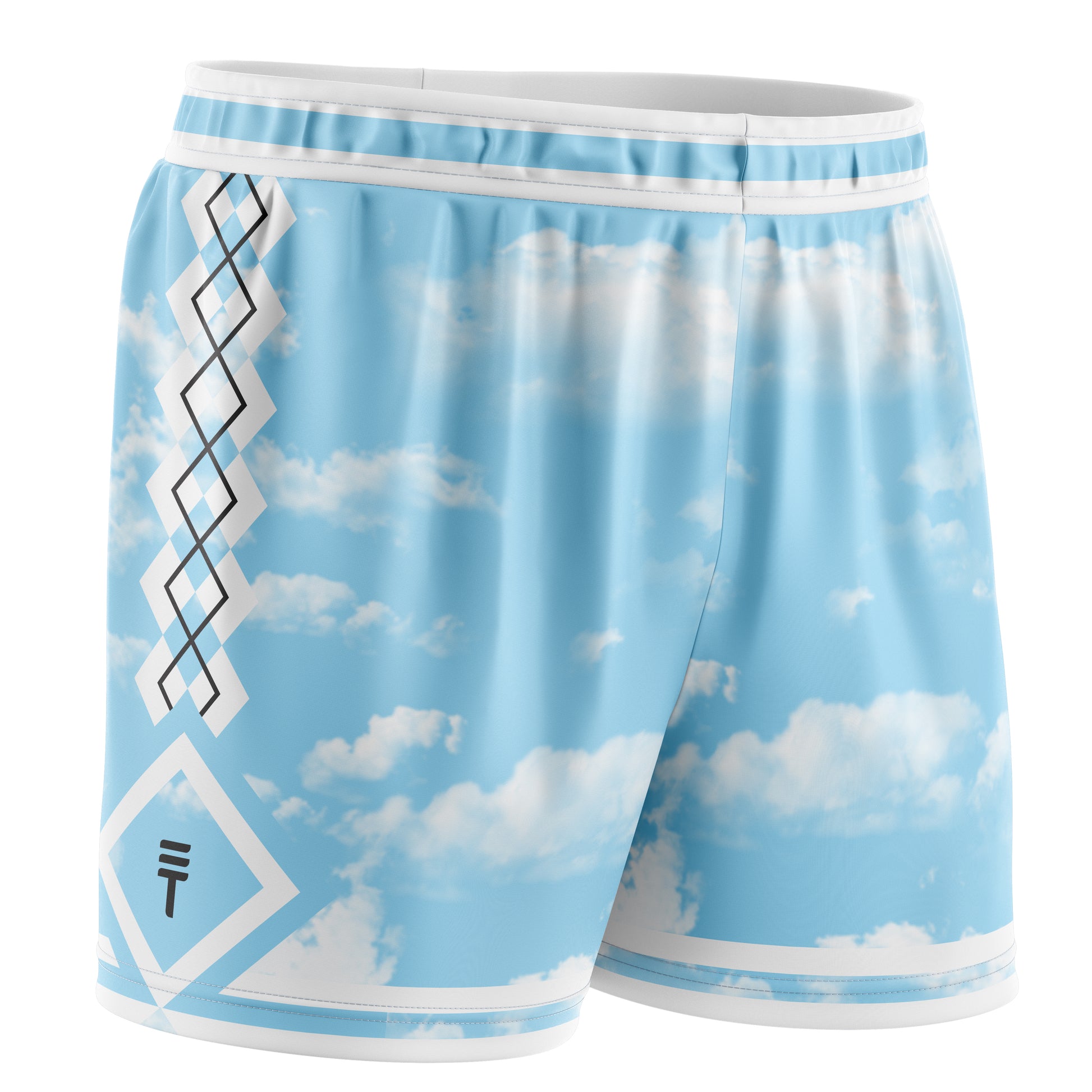 Baby blue basketball shorts with a sky and cloud pattern, featuring a diamond pattern, elastic waistband, side pockets, and the Triple Threat logo