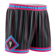 kids Black basketball shorts with neon blue and pink pinstripes, elastic waistband, and the Triple Threat logo in a diamond pattern