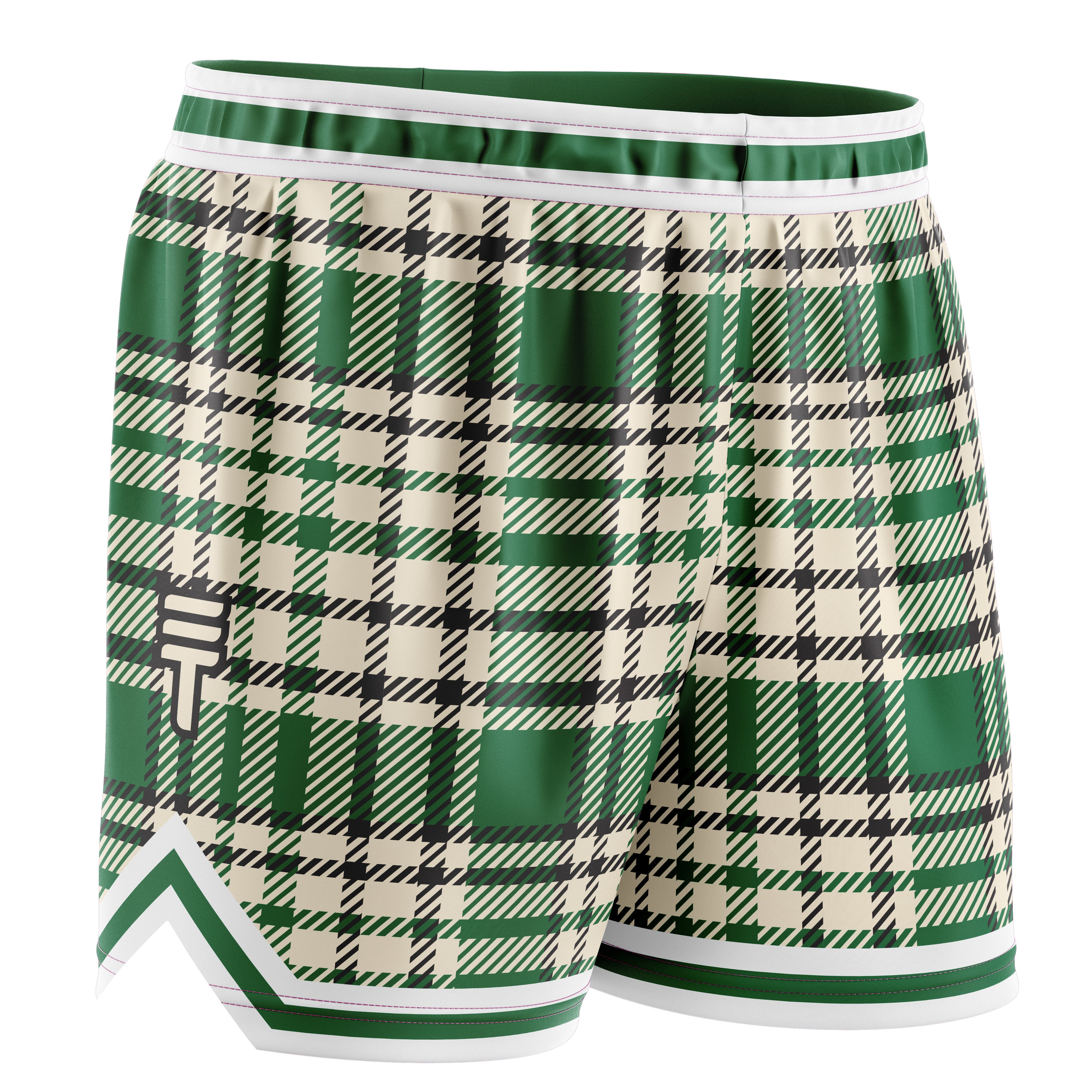 Kids green, white and black plaid basketball shorts with the Triple Threat logo and a white trim on the elastic waistband and hem