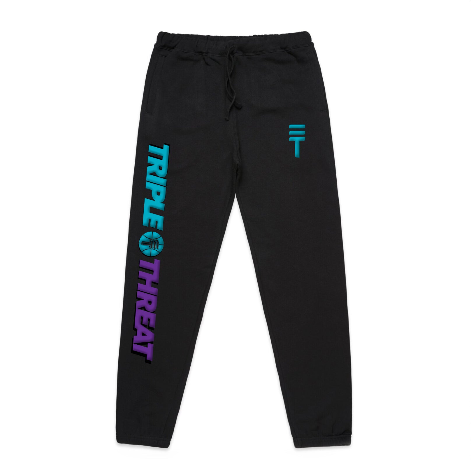 kids black cotton track pants from Triple Threat featuring teal and purple logos and branding 