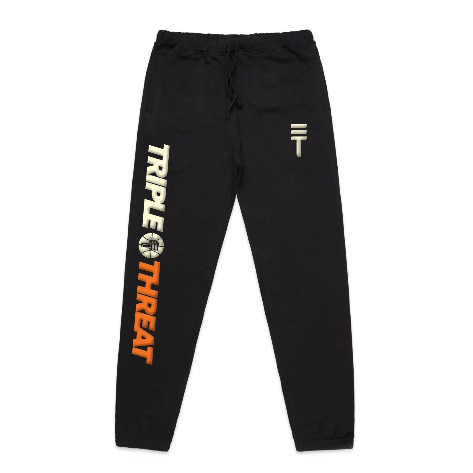 kids Triple Threat track pants in black with orange and cream branding and logos with elastic waist and cuffs 
