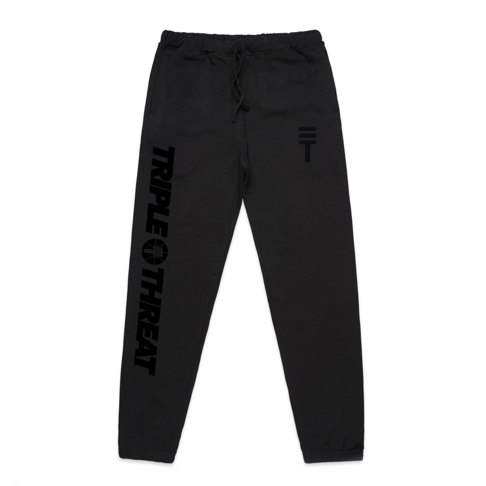 Triple Threat's kids black track pants with black Triple Threat logos and branding designs in black