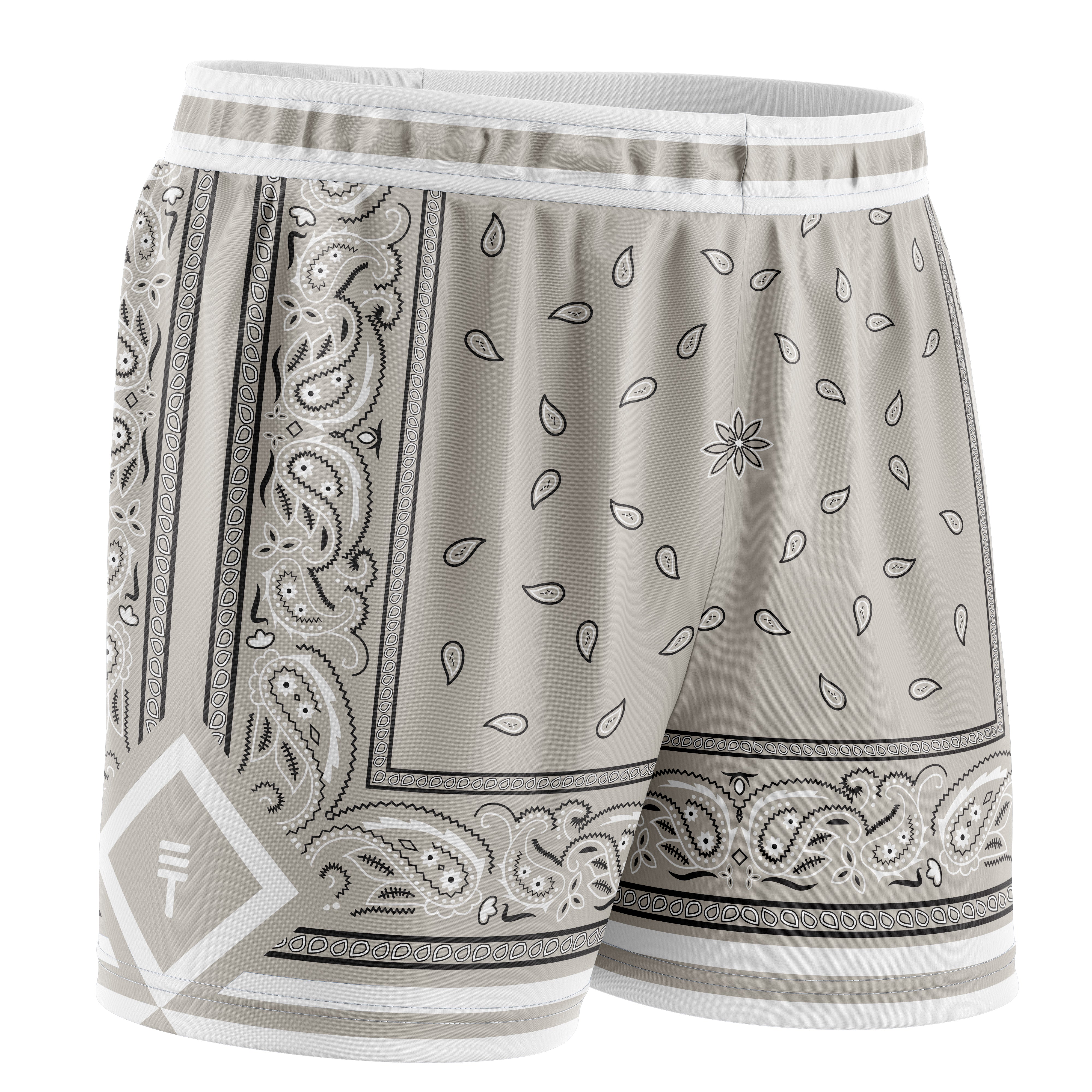bone coloured basketball shorts with paisley design in black and white featuring a Triple Threat logo in white 