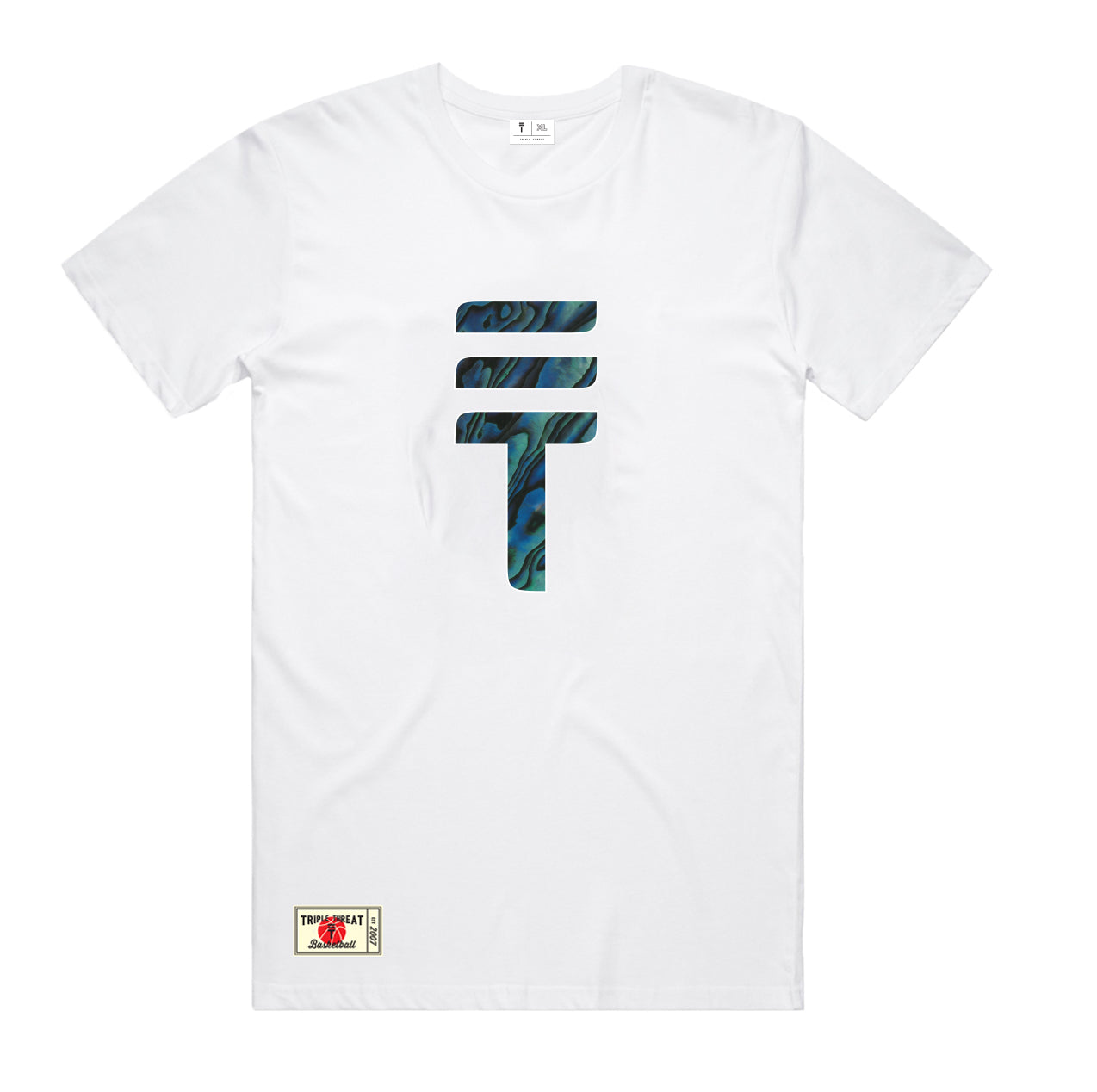 White t-shirt with Triple Threat logo as a paua design, featuring a triple threat brand patch bottom left of t-shirt
