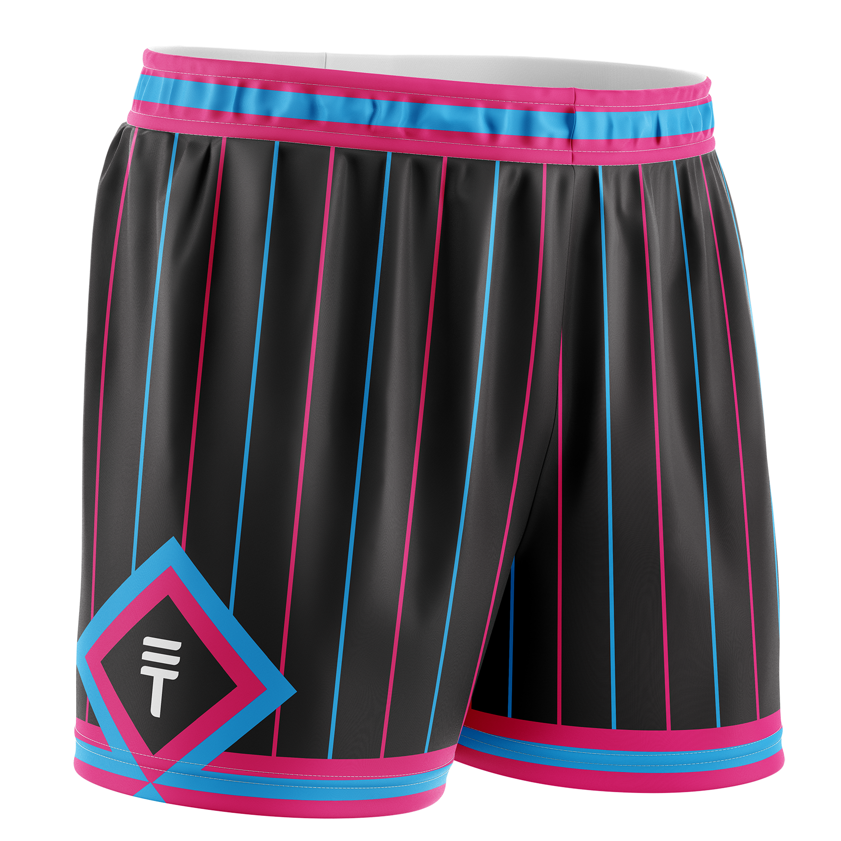 Black basketball shorts with neon blue and pink pinstripes, elastic waistband, and the Triple Threat logo in a diamond pattern