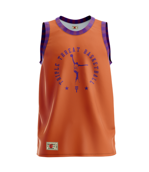 Kids basketball singlet in orange with purple and light purple checked trim with "Triple Threat Basketball" text circling around a outline of a basketball player, featuring the Triple Threat logo